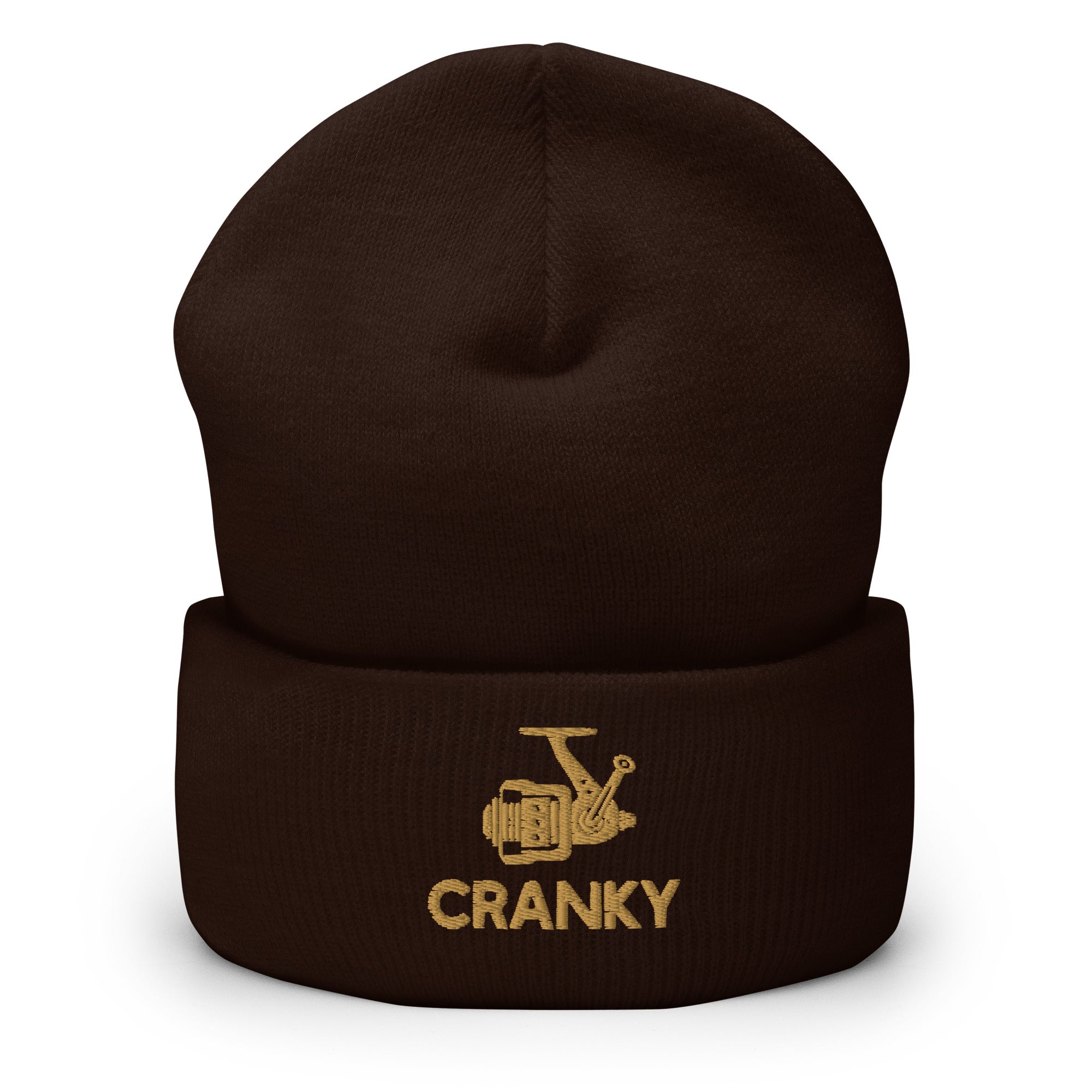 Brown fishing beanie featuring a crank reel graphic and 'Cranky' text – perfect for cold-weather anglers.
