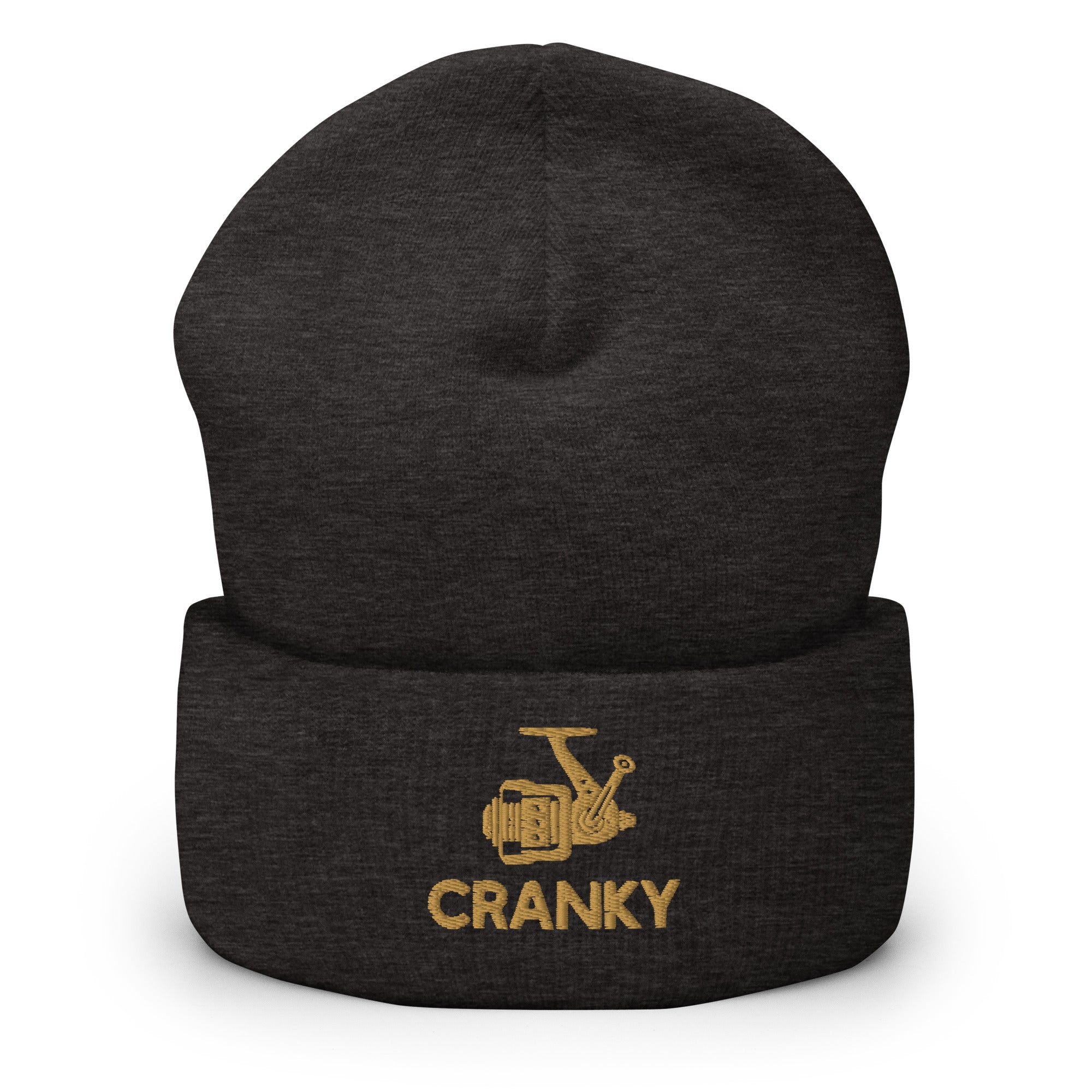 Dark grey fishing beanie with a vintage crank reel design – a must-have for fishermen in winter.