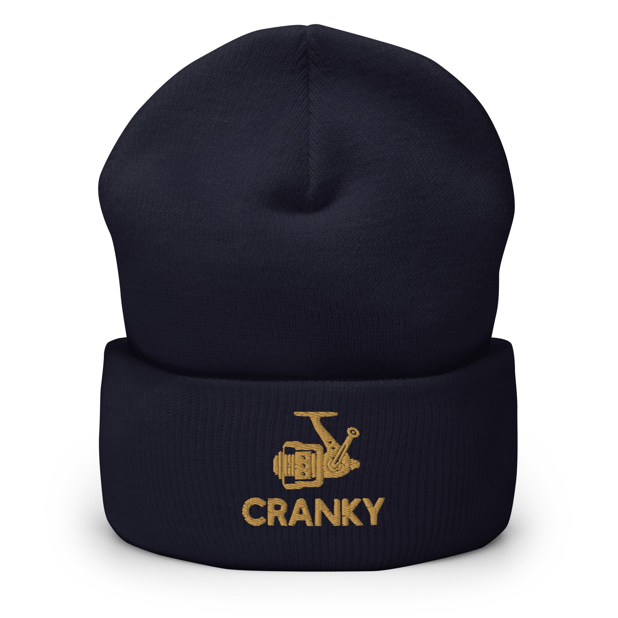 Navy Cranky fishing reel beanie with a cozy fit – great for fishing trips and outdoor adventures.