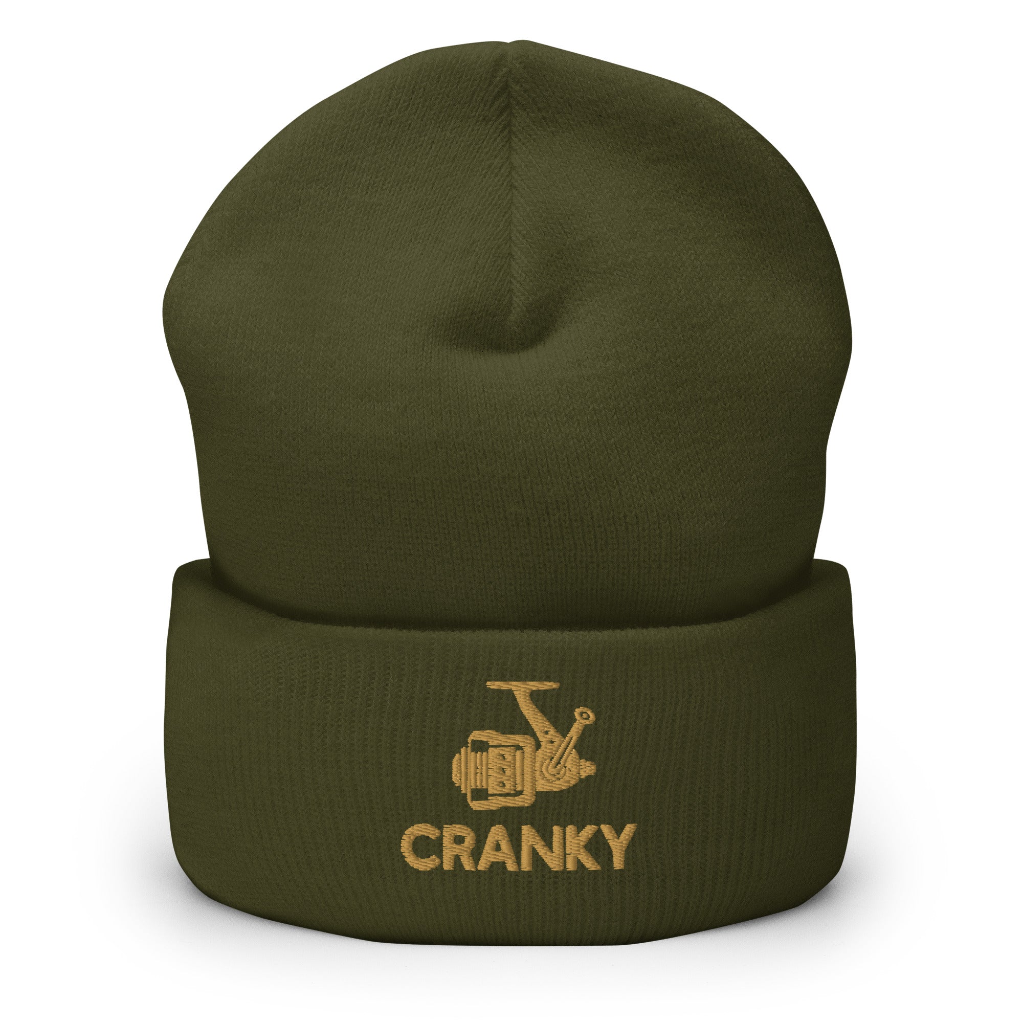 Olive green Cranky fishing reel beanie with a soft knit fabric – ideal for anglers and outdoor enthusiasts.