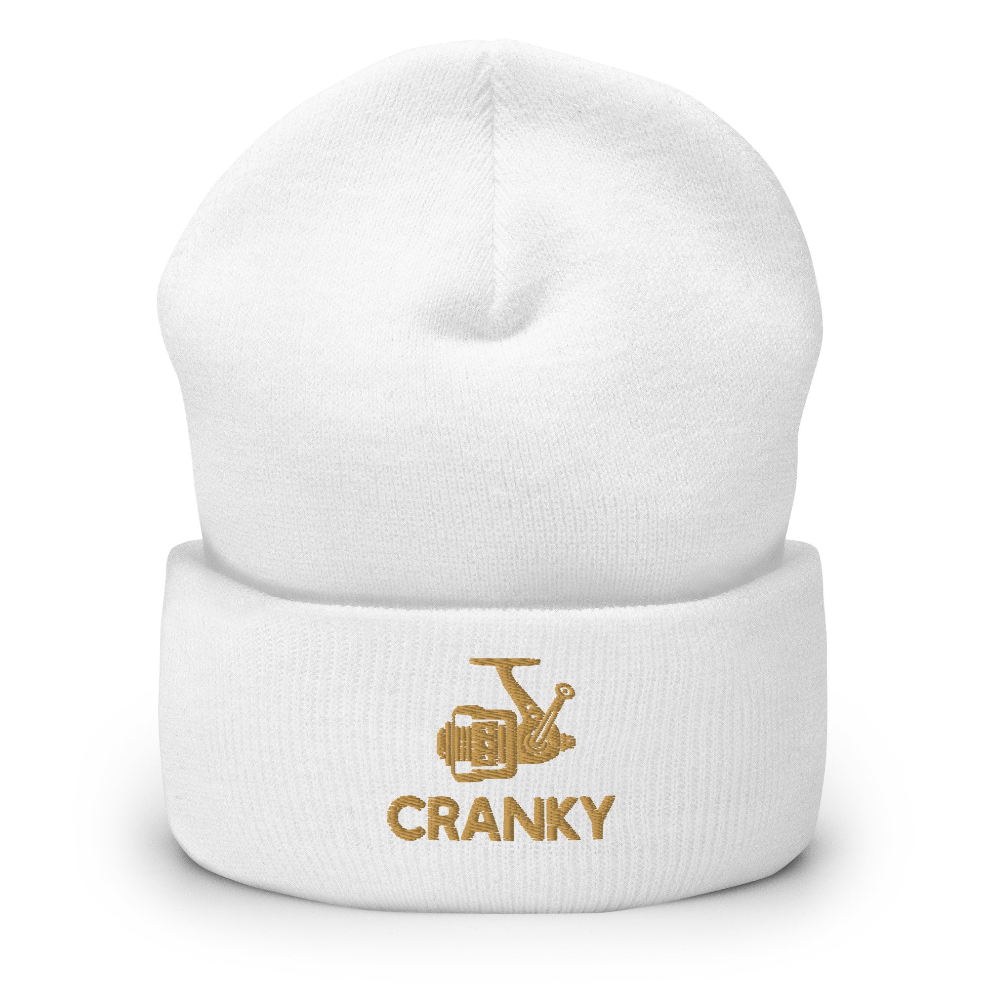 White fishing beanie with a humorous crank reel print – warm and comfortable for fishing fans.