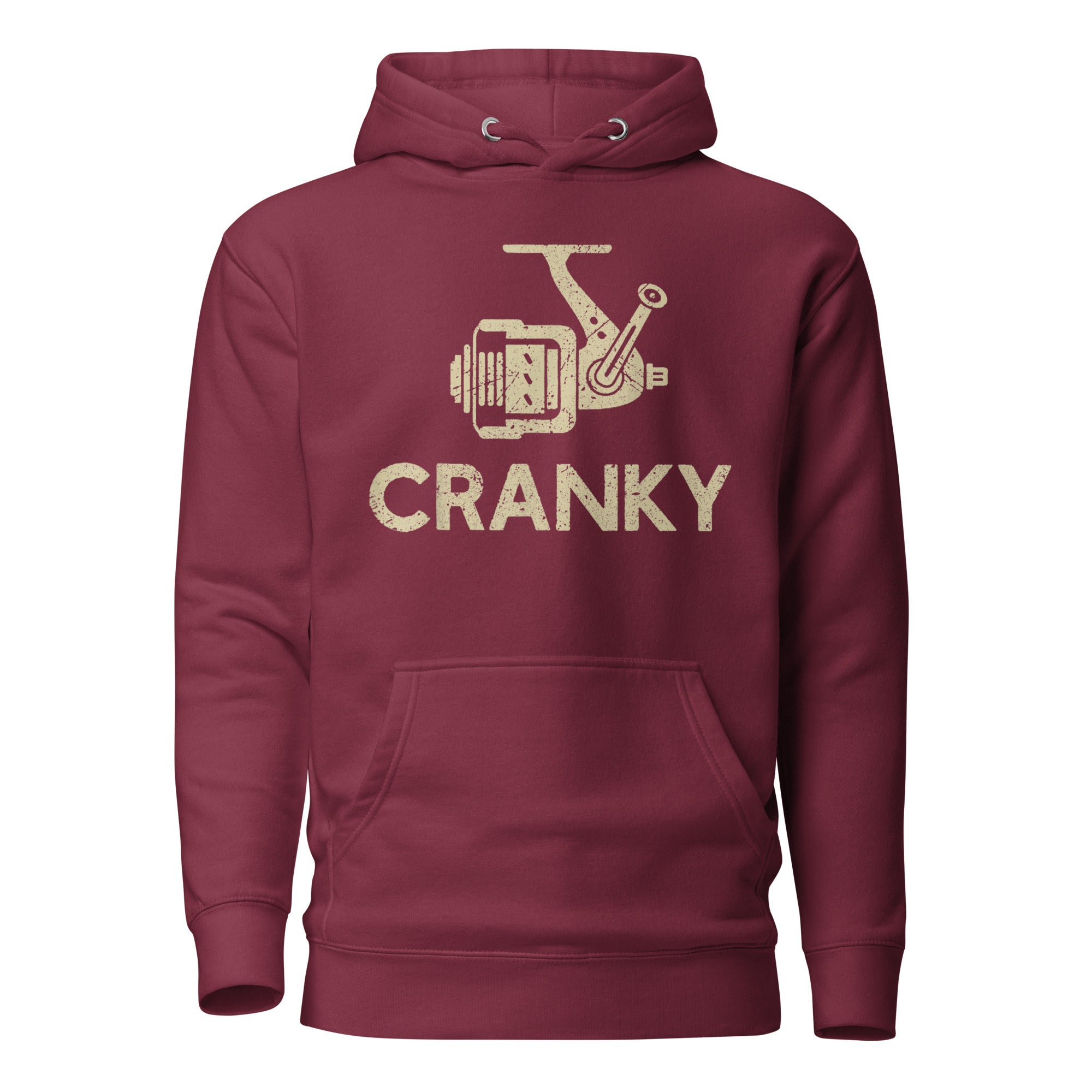 Maroon fishing hoodie featuring a vintage crank reel graphic and 'Cranky' text – great for anglers.