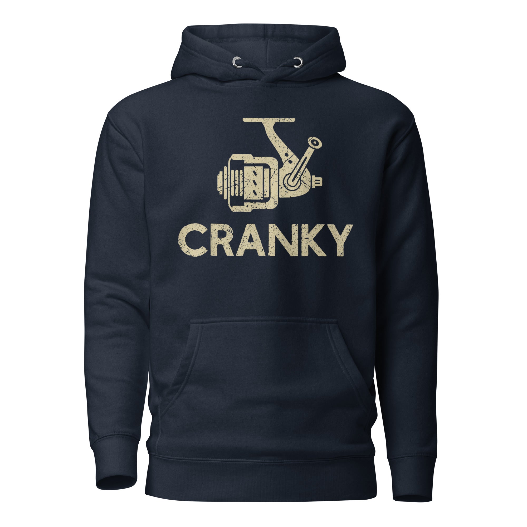 Navy blazer Cranky fishing reel hoodie with distressed design – warm and stylish for fishing lovers.