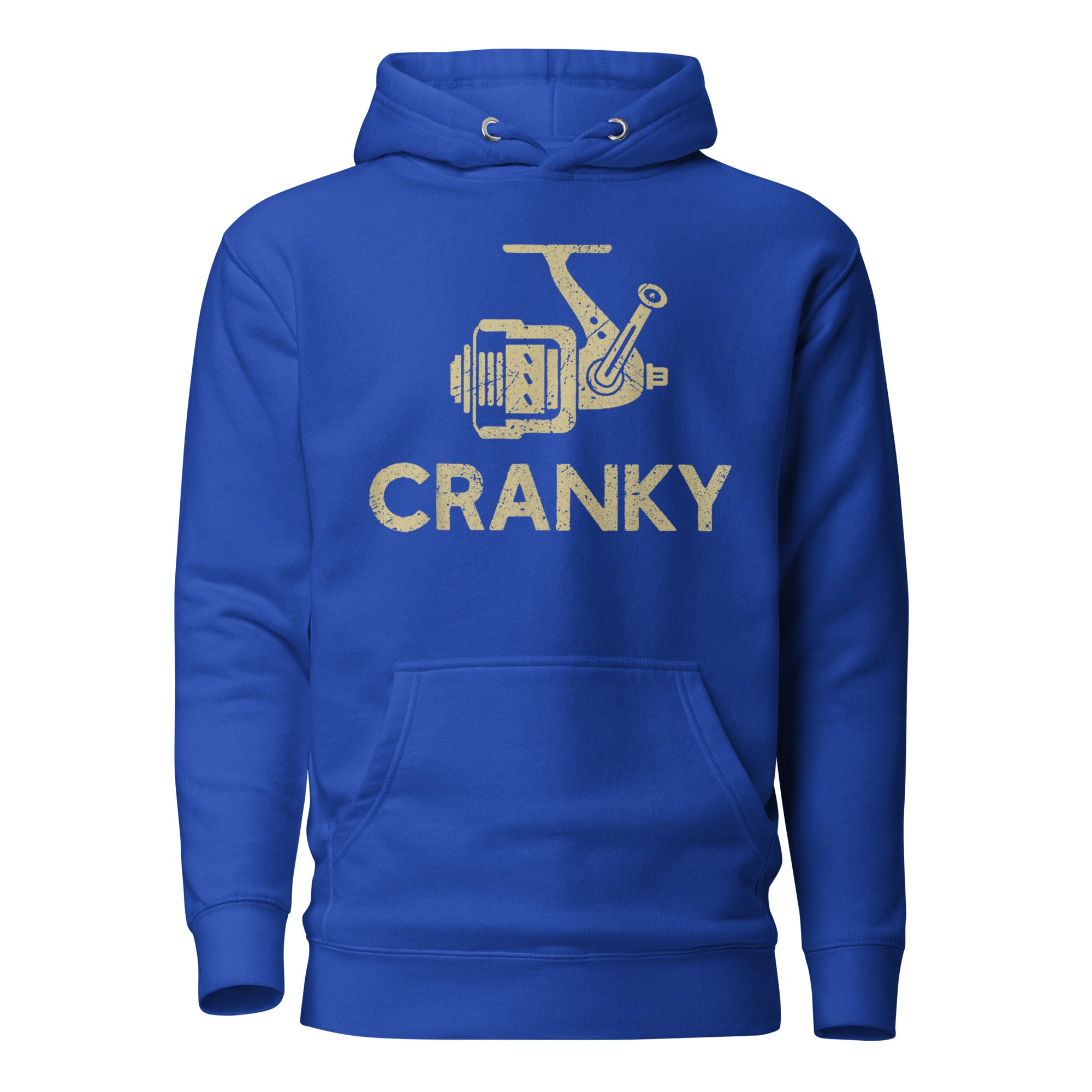 Royal blue Cranky fishing reel hoodie with a rustic look – perfect for cozy fishing trips and outdoor adventures.