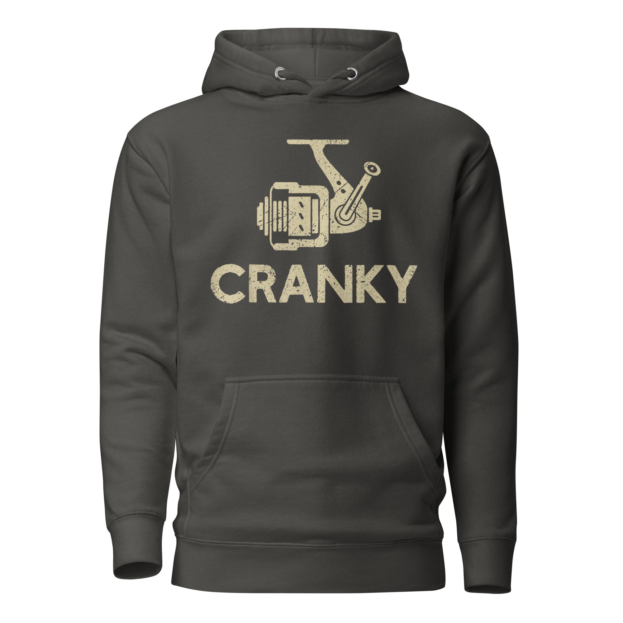 Vintage black fishing-themed hoodie with a humorous crank reel design – ideal for fishing enthusiasts.