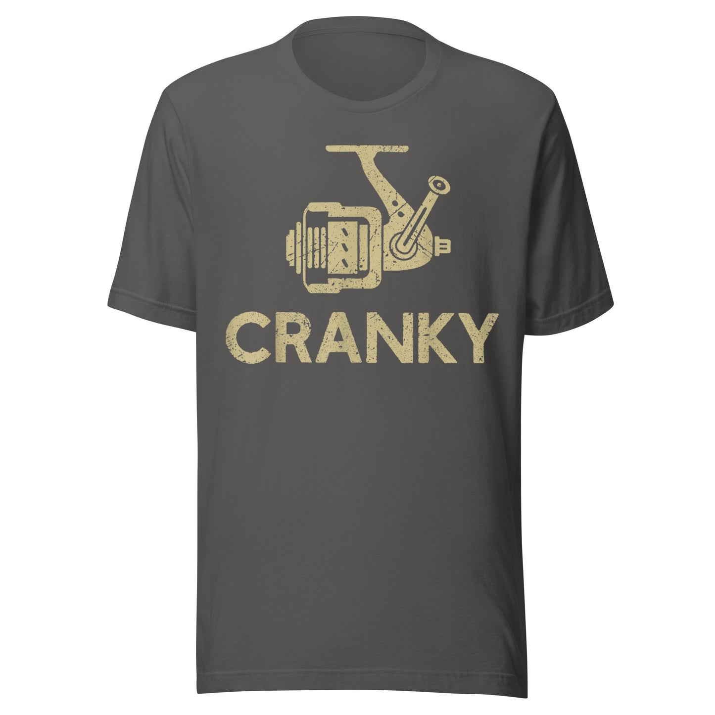 Asphalt-colored Cranky fishing reel tee with a vintage aesthetic – the perfect casual fishing outfit.