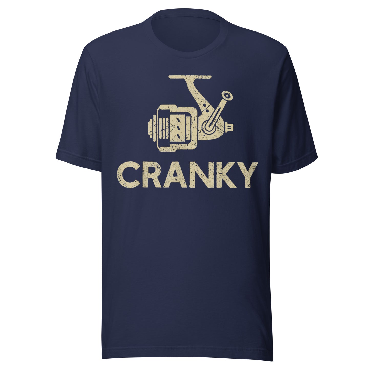 Navy blue Cranky fishing reel t-shirt with distressed design – perfect for anglers and fishing lovers.