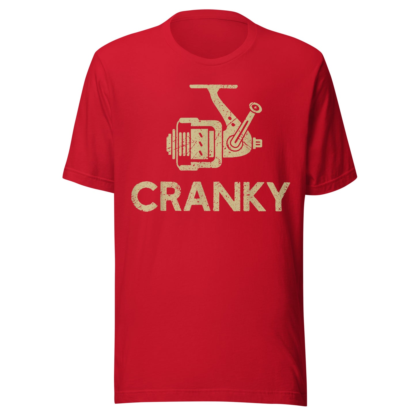 Red fishing-themed tee with a humorous crank reel design – ideal for those who love fishing gear.