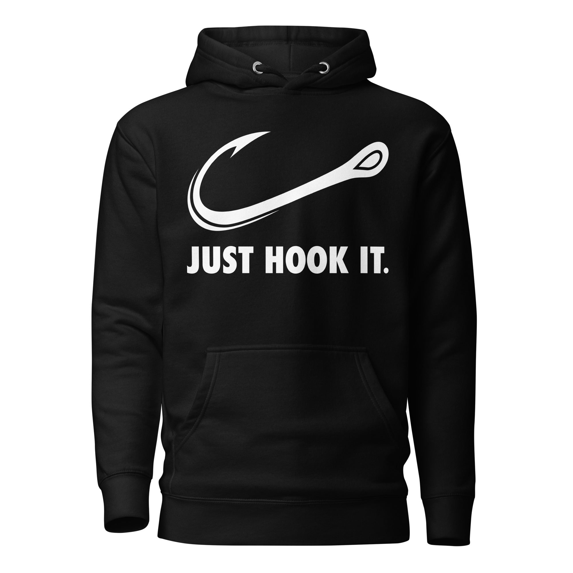 Black Just Hook It hoodie featuring a sharp fishing hook graphic, great for everyday fishing enthusiasts.