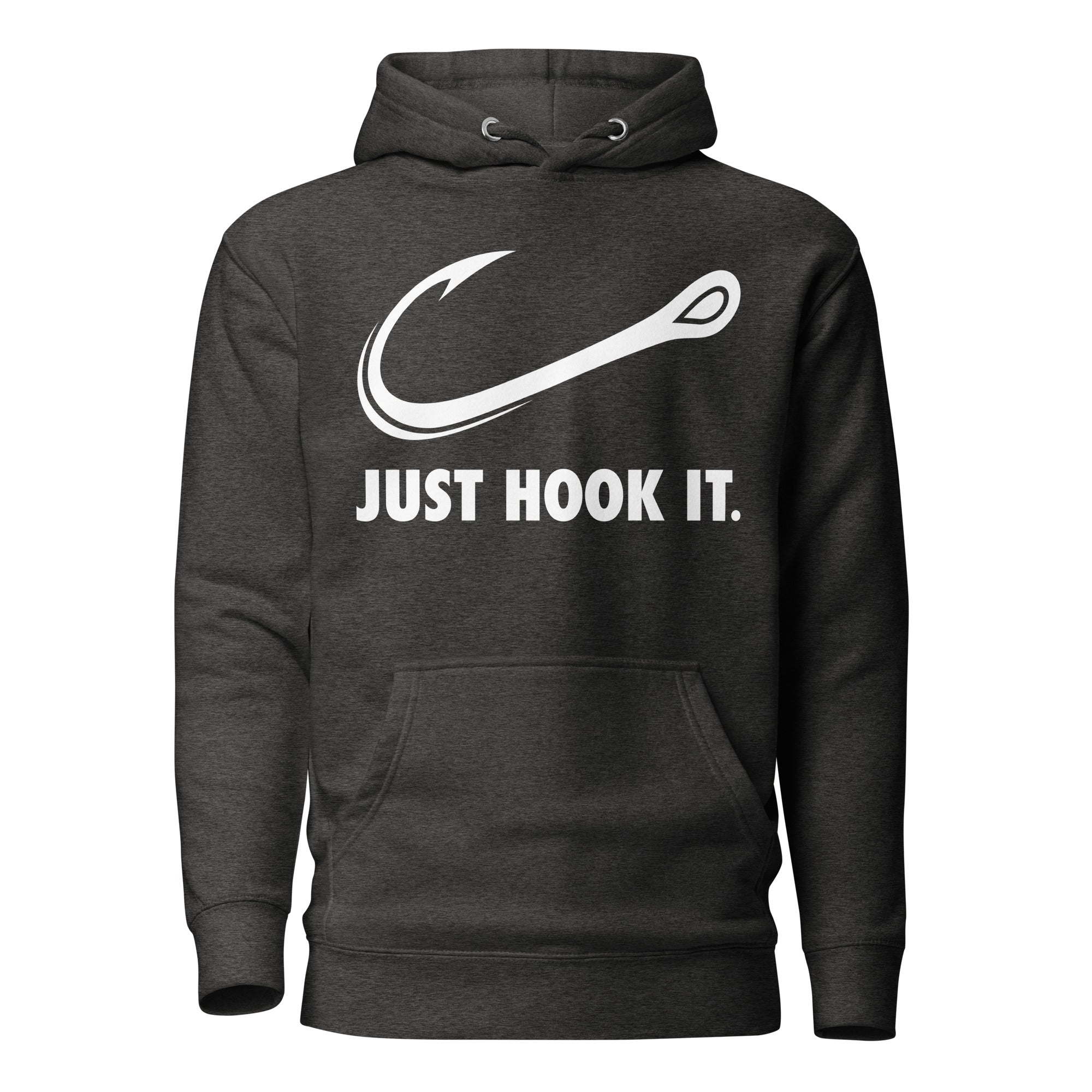 Charcoal Heather Just Hook It hoodie, a cozy fishing-themed sweatshirt for boat trips and outdoor wear.