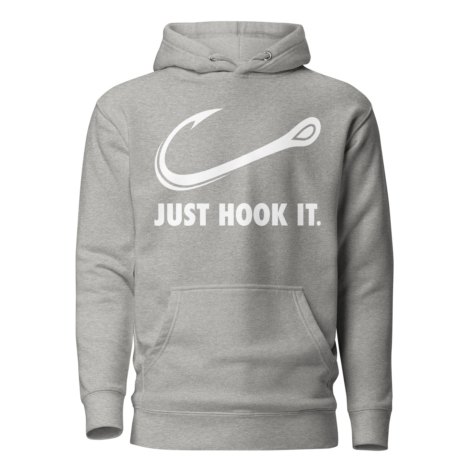 Heather Grey Just Hook It hoodie with a clean fishing hook design, ideal for cool-weather fishing days.