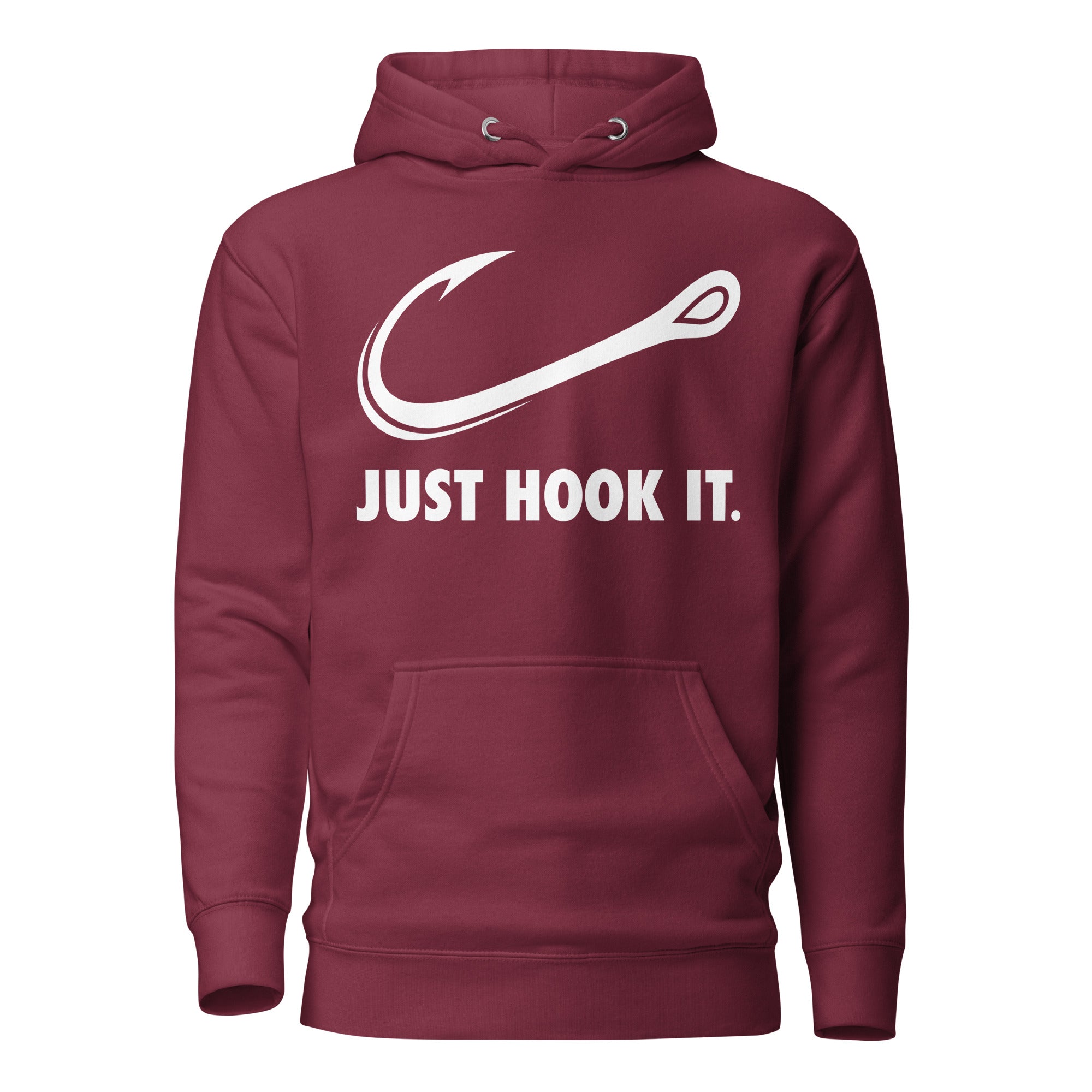 Maroon Just Hook It fishing hoodie with a unique distressed hook print, a must-have for passionate anglers.