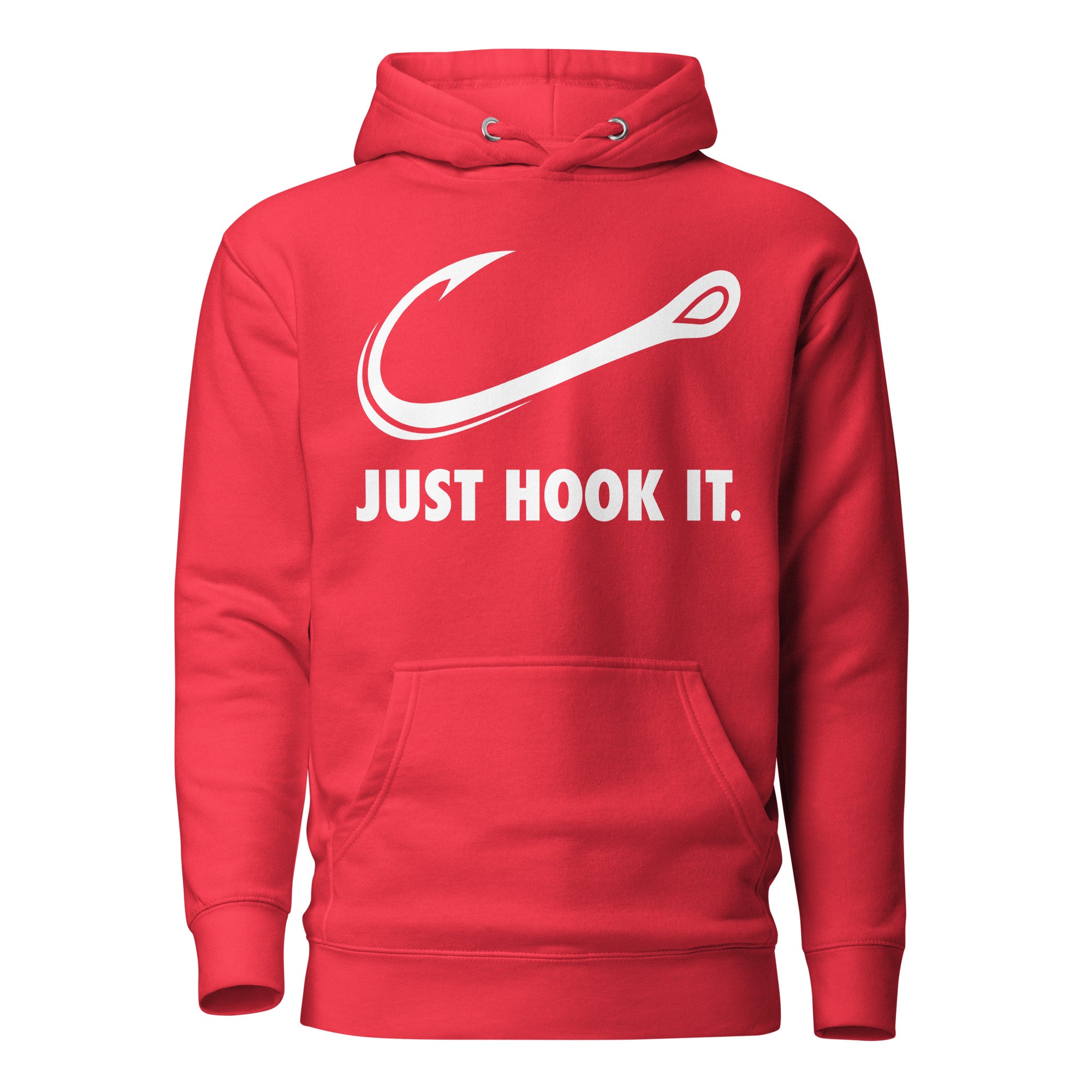 Red Just Hook It hoodie, designed for fishermen who love bold and fun fishing-themed apparel.