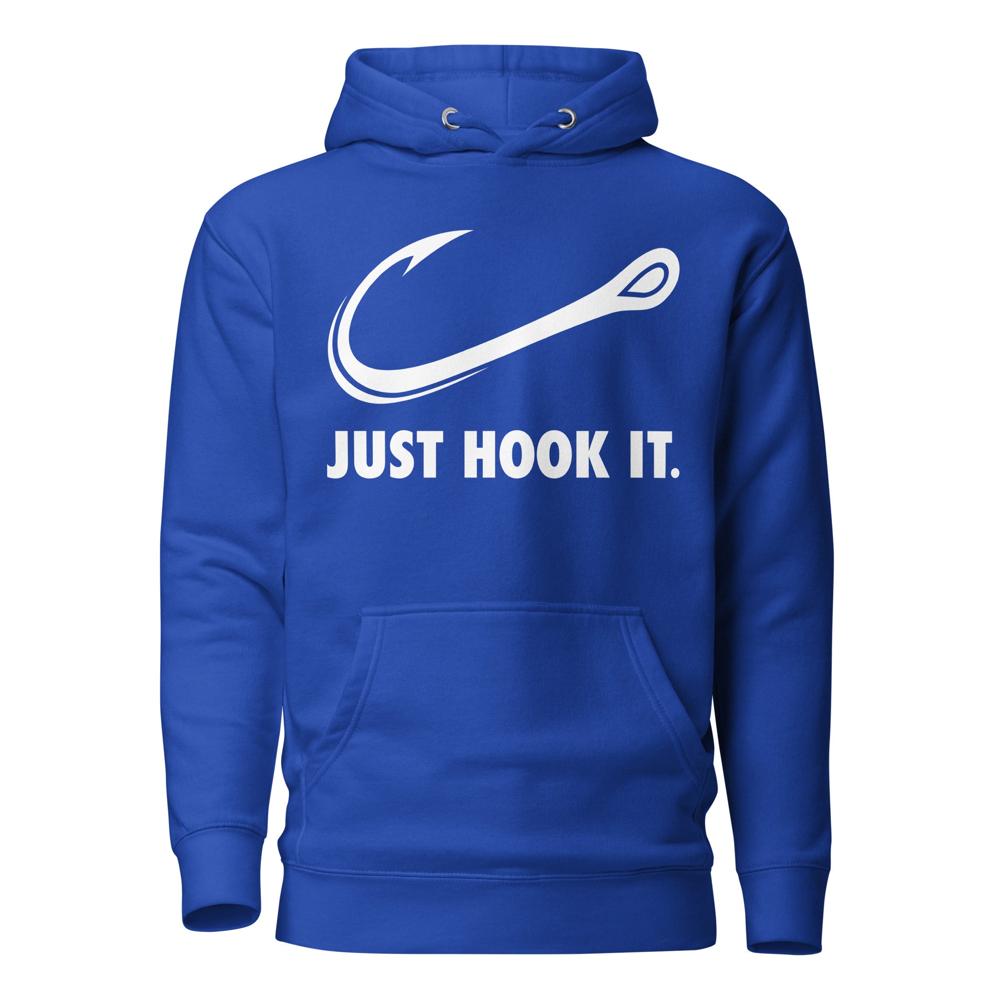 Royal Blue Just Hook It fishing hoodie with a standout hook illustration, perfect for fishing lovers.
