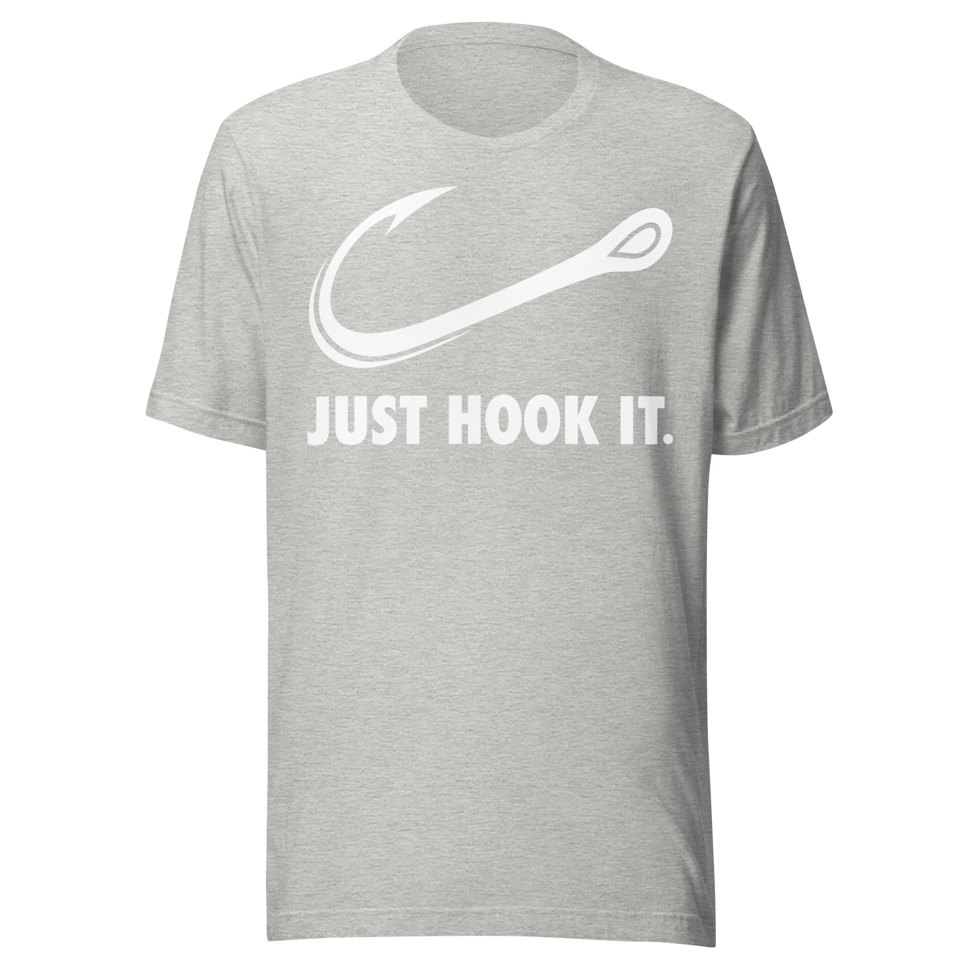 Heather grey Just Hook It shirt with a fishing hook graphic, a perfect blend of humor and angling passion.