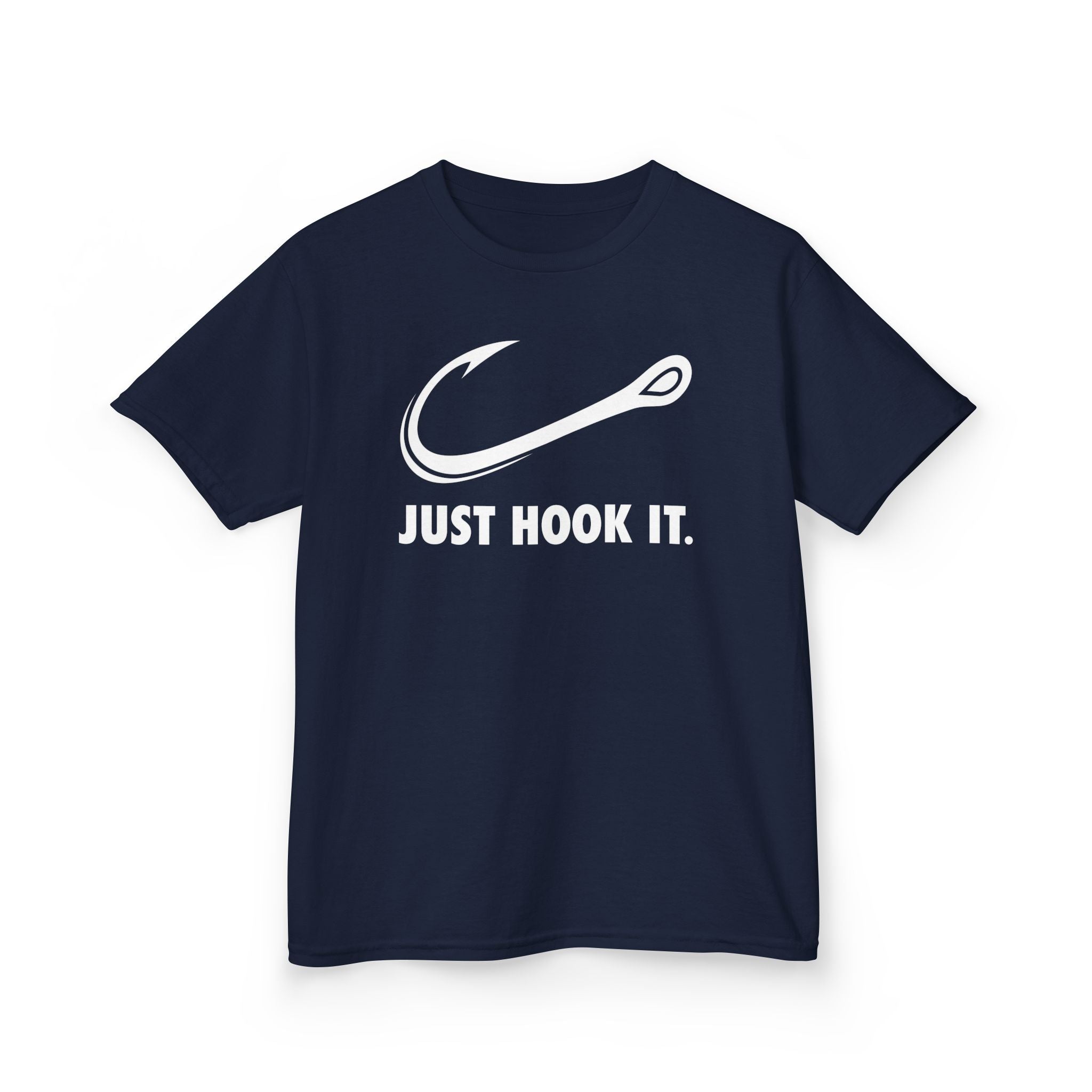 Navy funny fishing shirt for kids with Just Hook It hook design