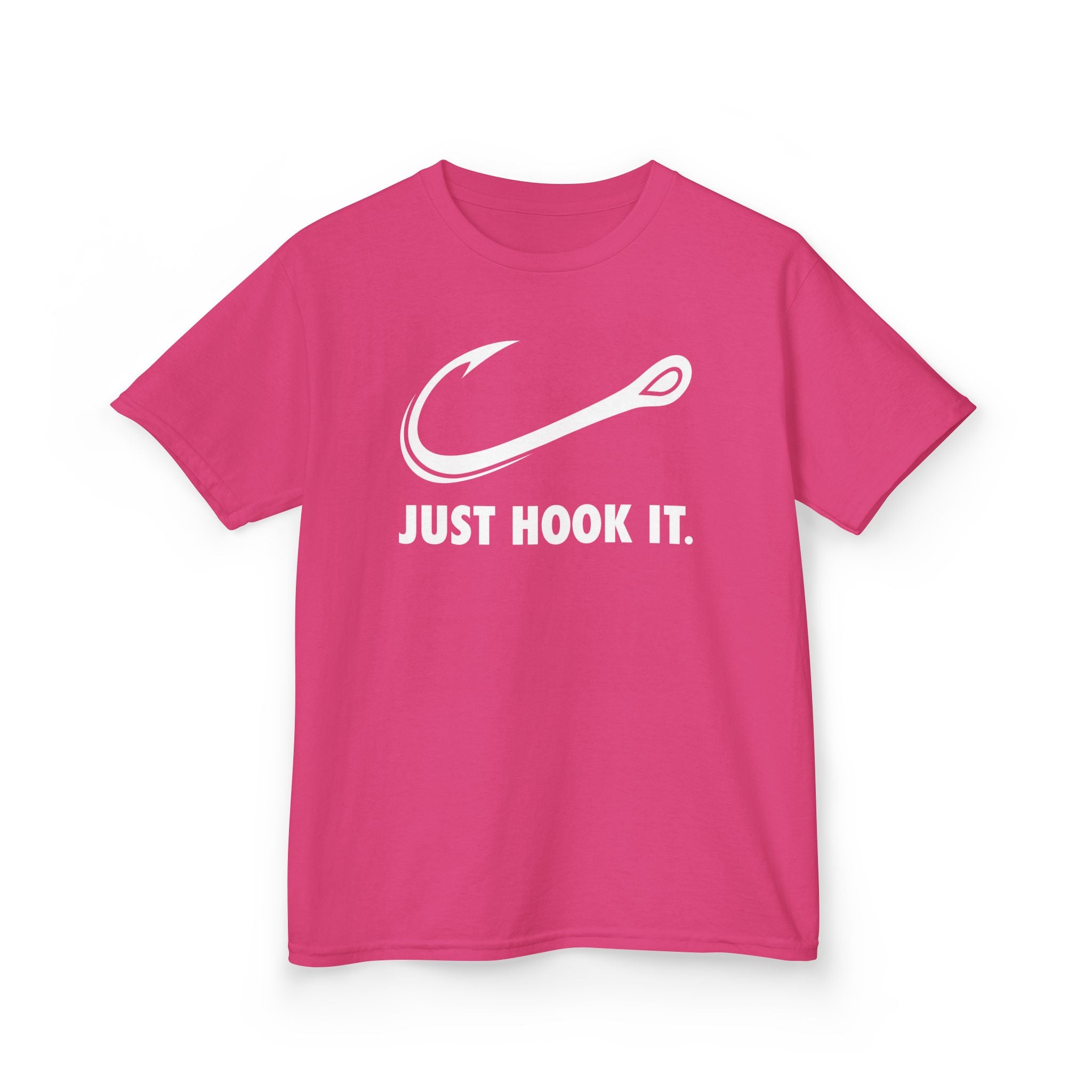 Hot pink girls fishing shirt with Just Hook It text, fun gift for young fishers