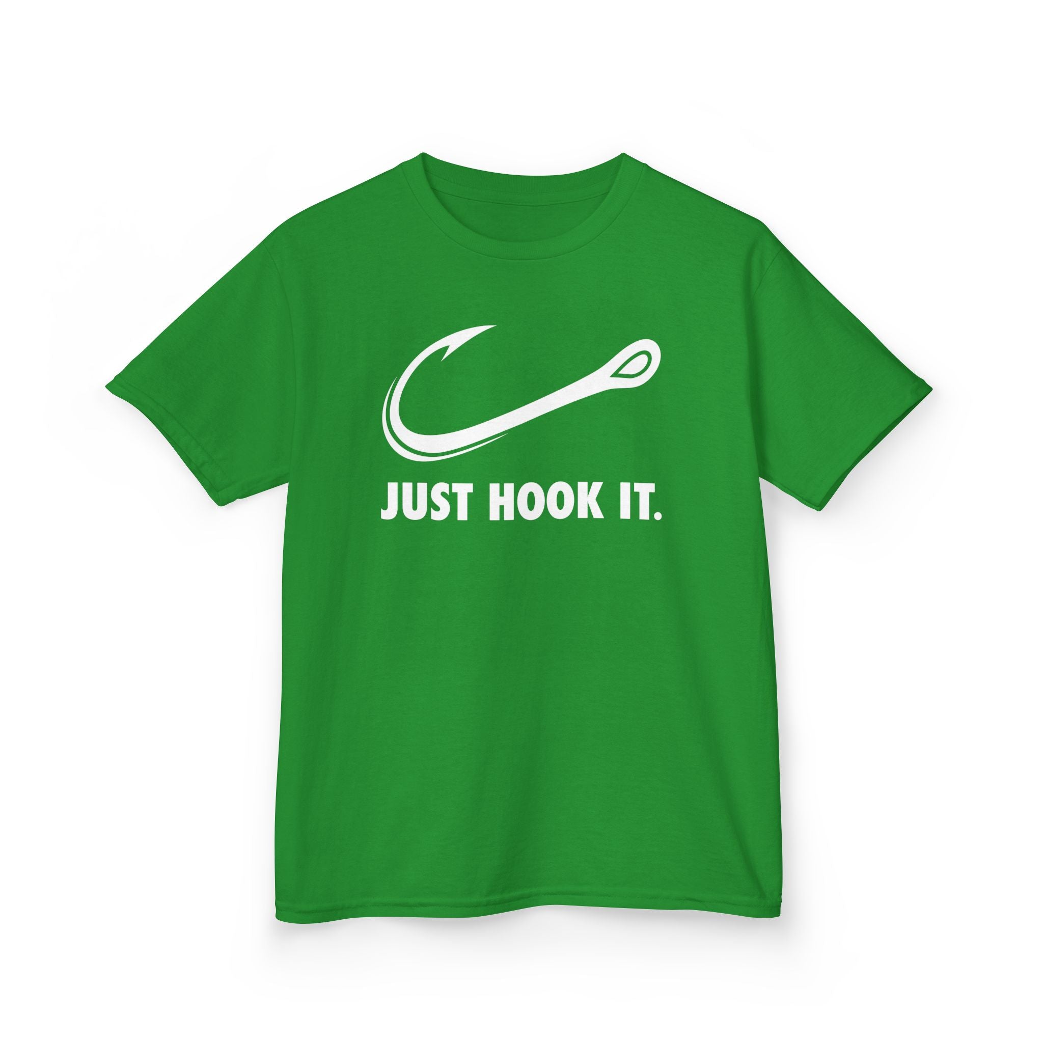 Irish green kids fishing shirt with Just Hook It phrase for outdoor fun