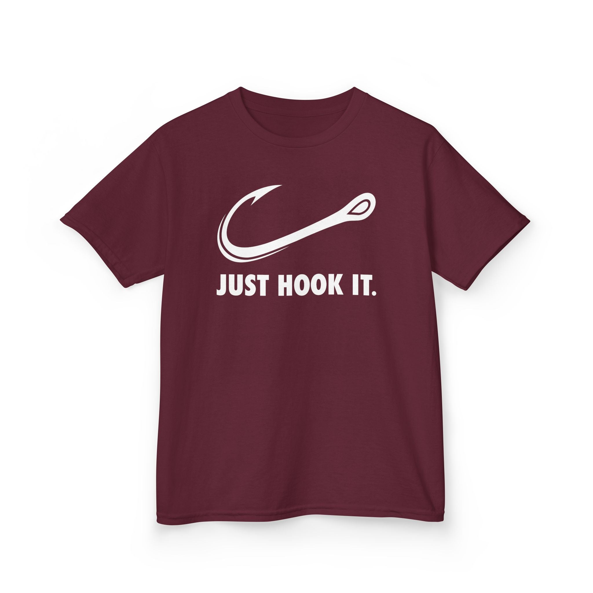 Maroon children's fishing t-shirt with Just Hook It text and hook graphic