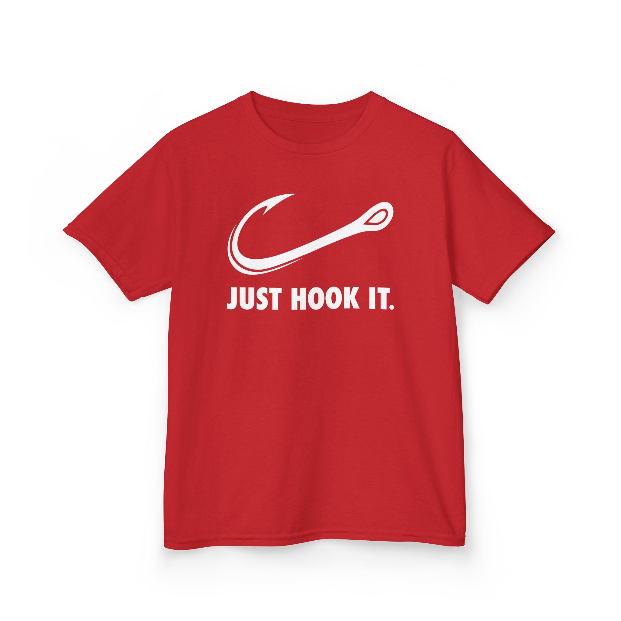 Red youth tee with funny Just Hook It design, perfect for fishing lovers