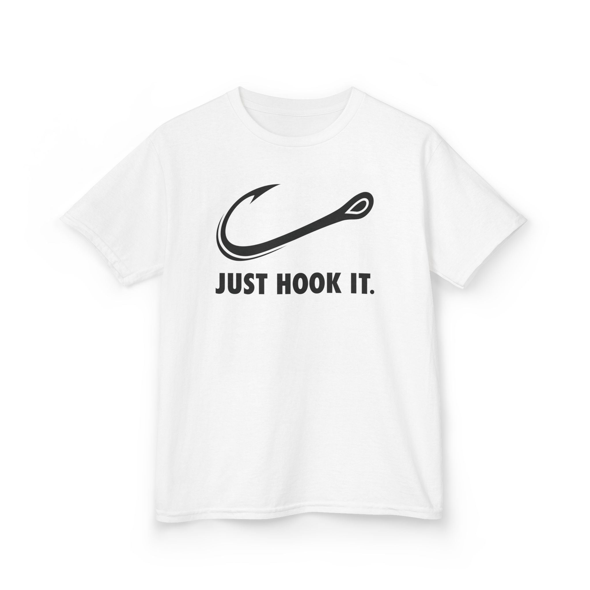 White Just Hook It youth fishing shirt with hook design for boys and girls