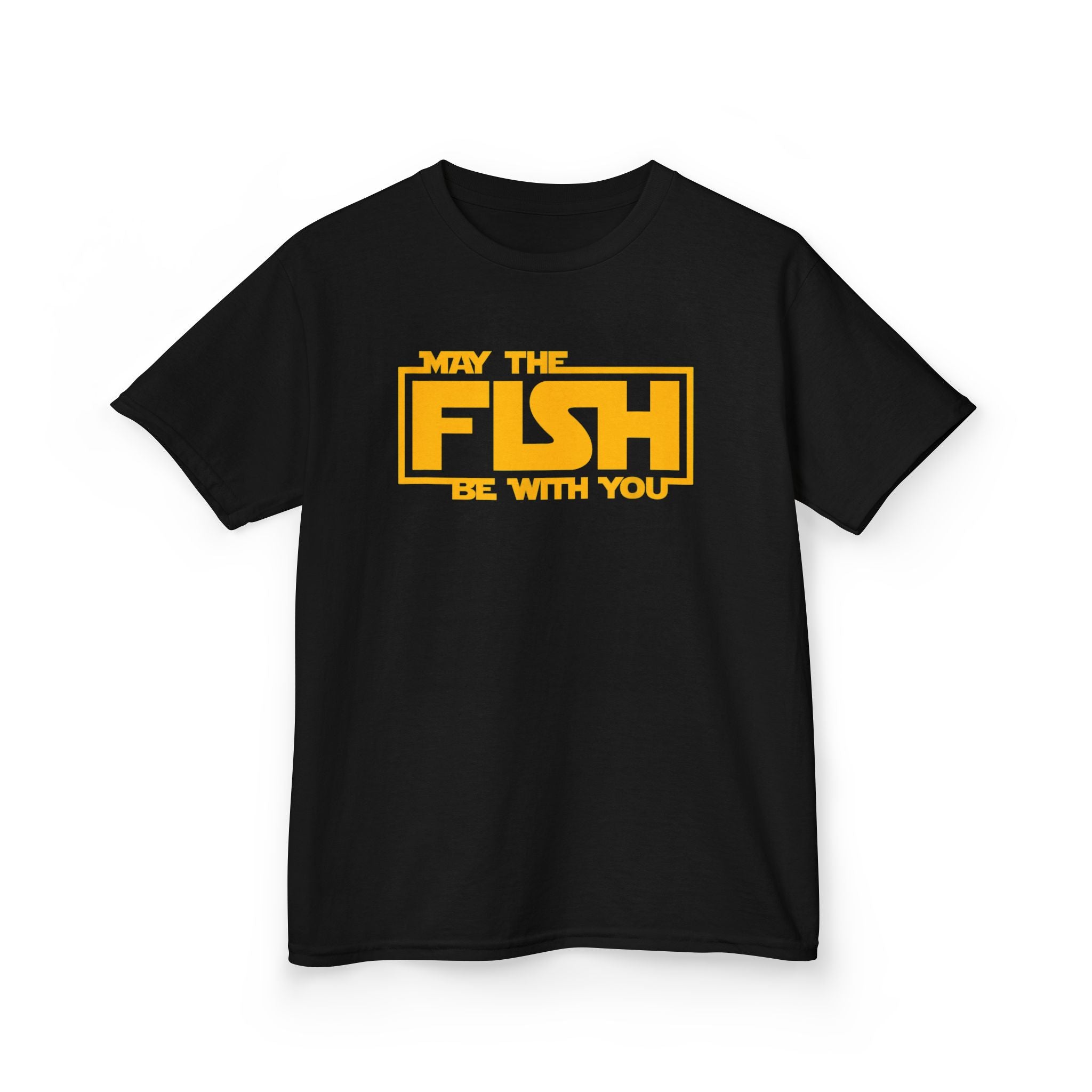 Black youth fishing t-shirt with funny May The Fish Be With You graphic