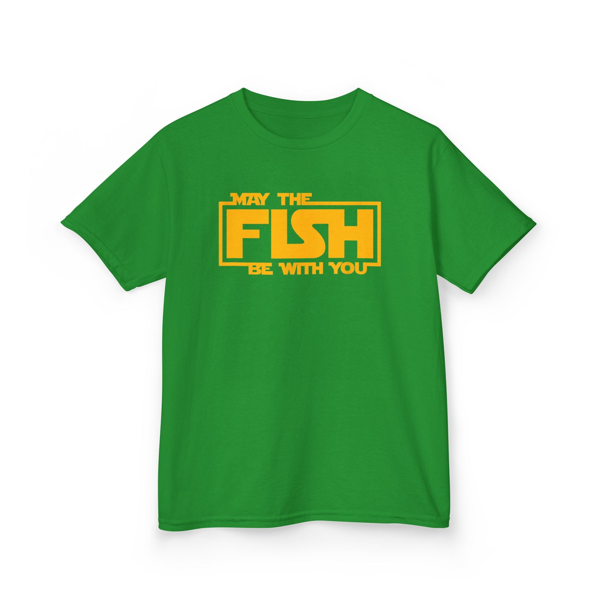 Irish green children’s fishing shirt with fun May The Fish Be With You text