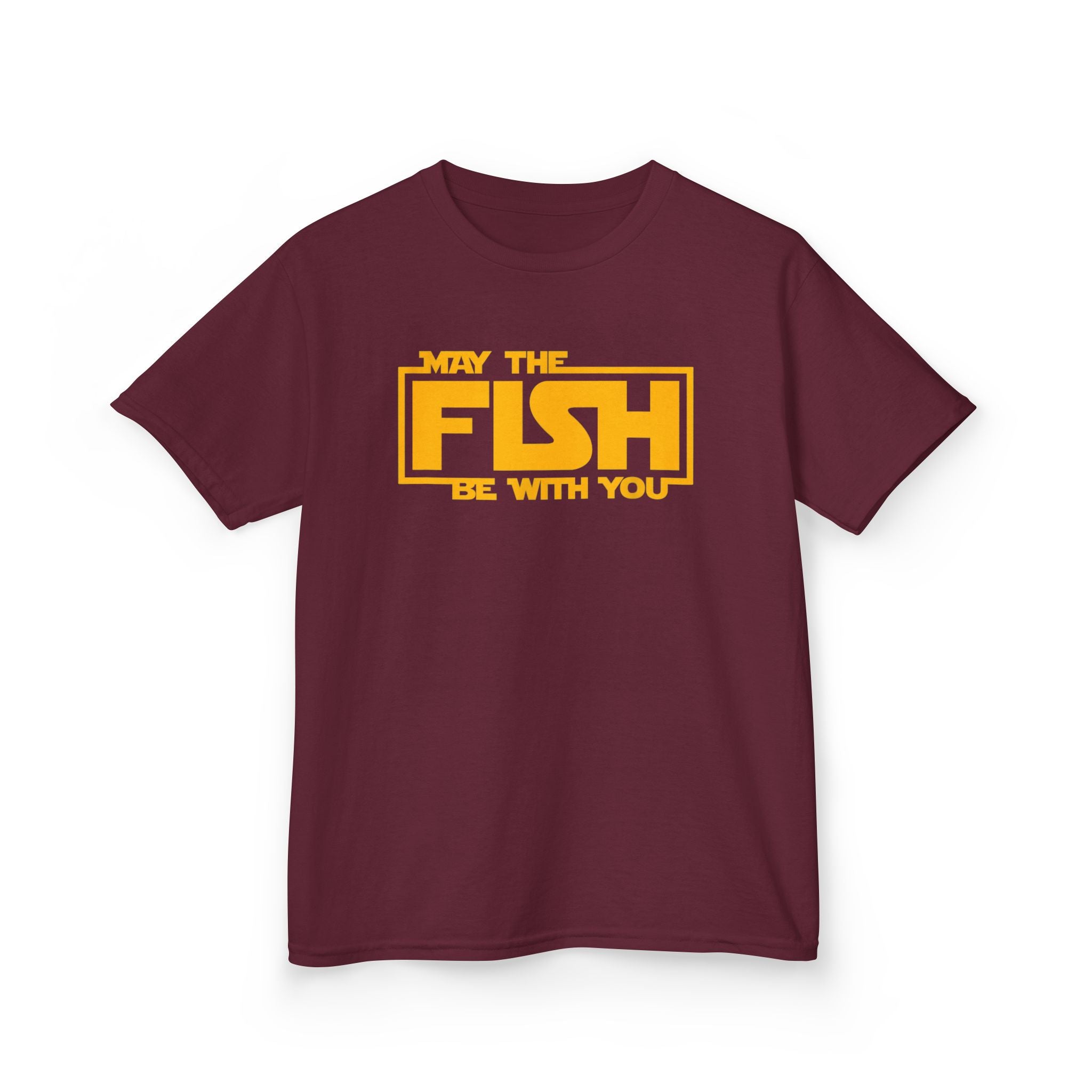 Maroon children’s fishing shirt with May The Fish Be With You slogan