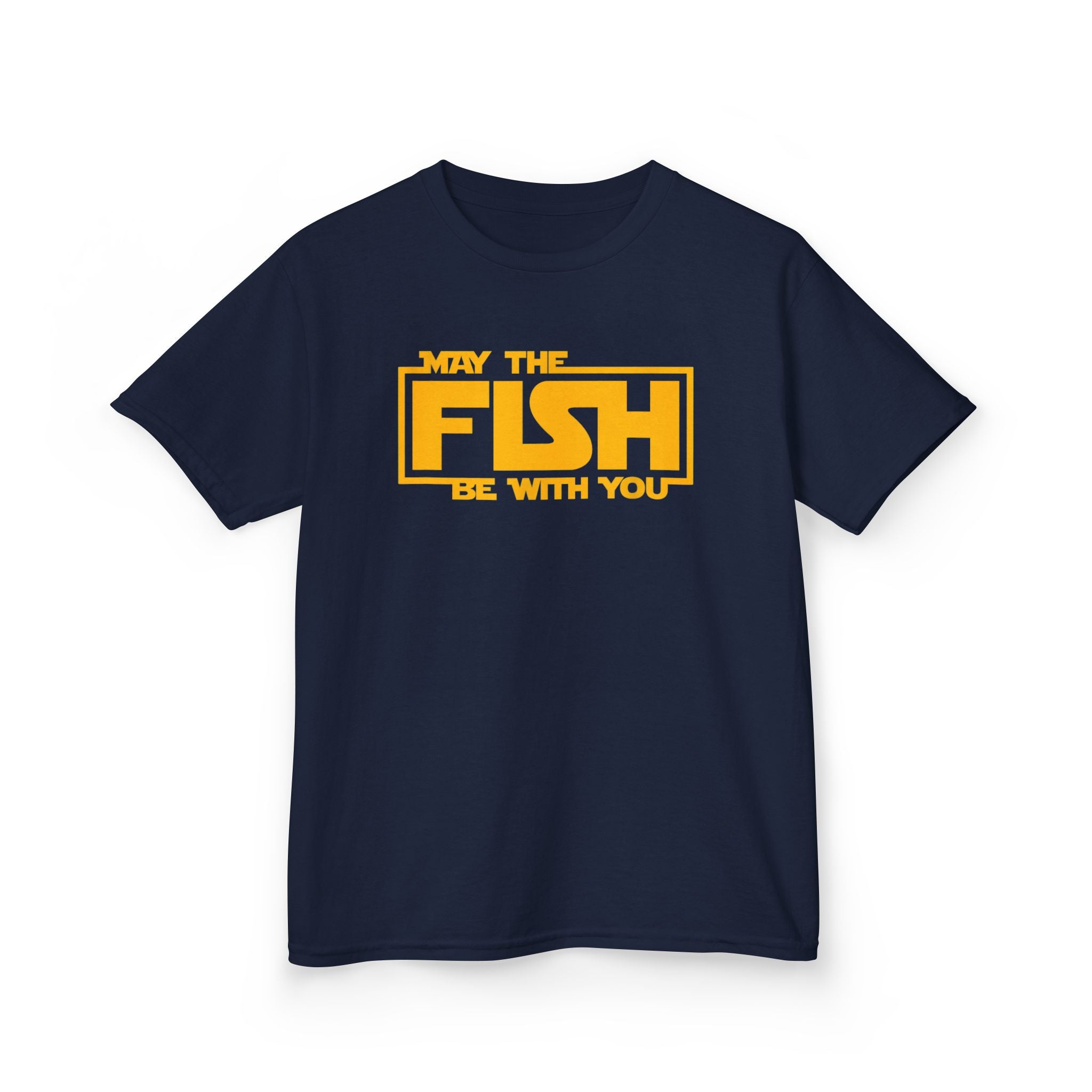 Navy kids fishing shirt with May The Fish Be With You design for boys and girls