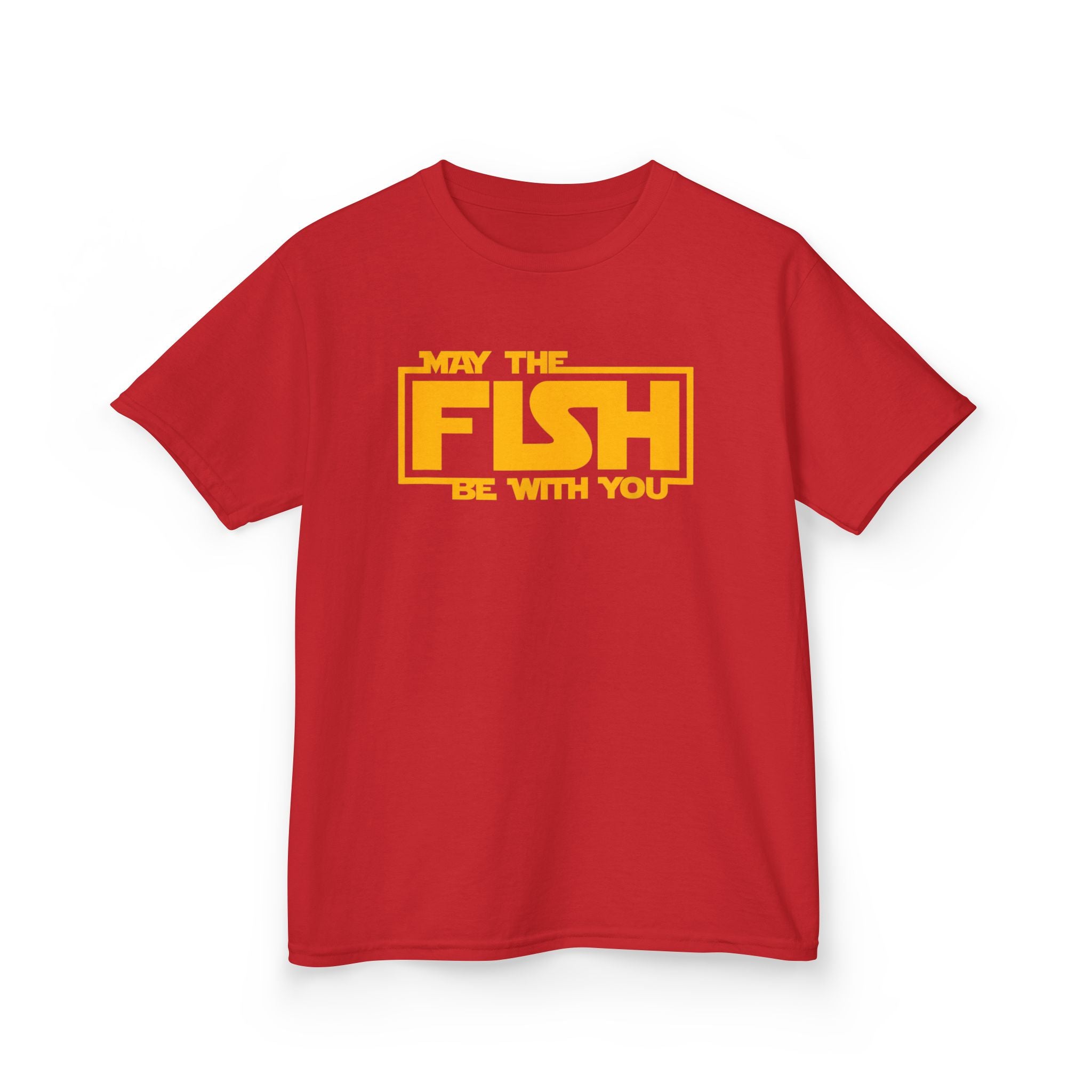Red kids fishing shirt with funny May The Fish Be With You phrase