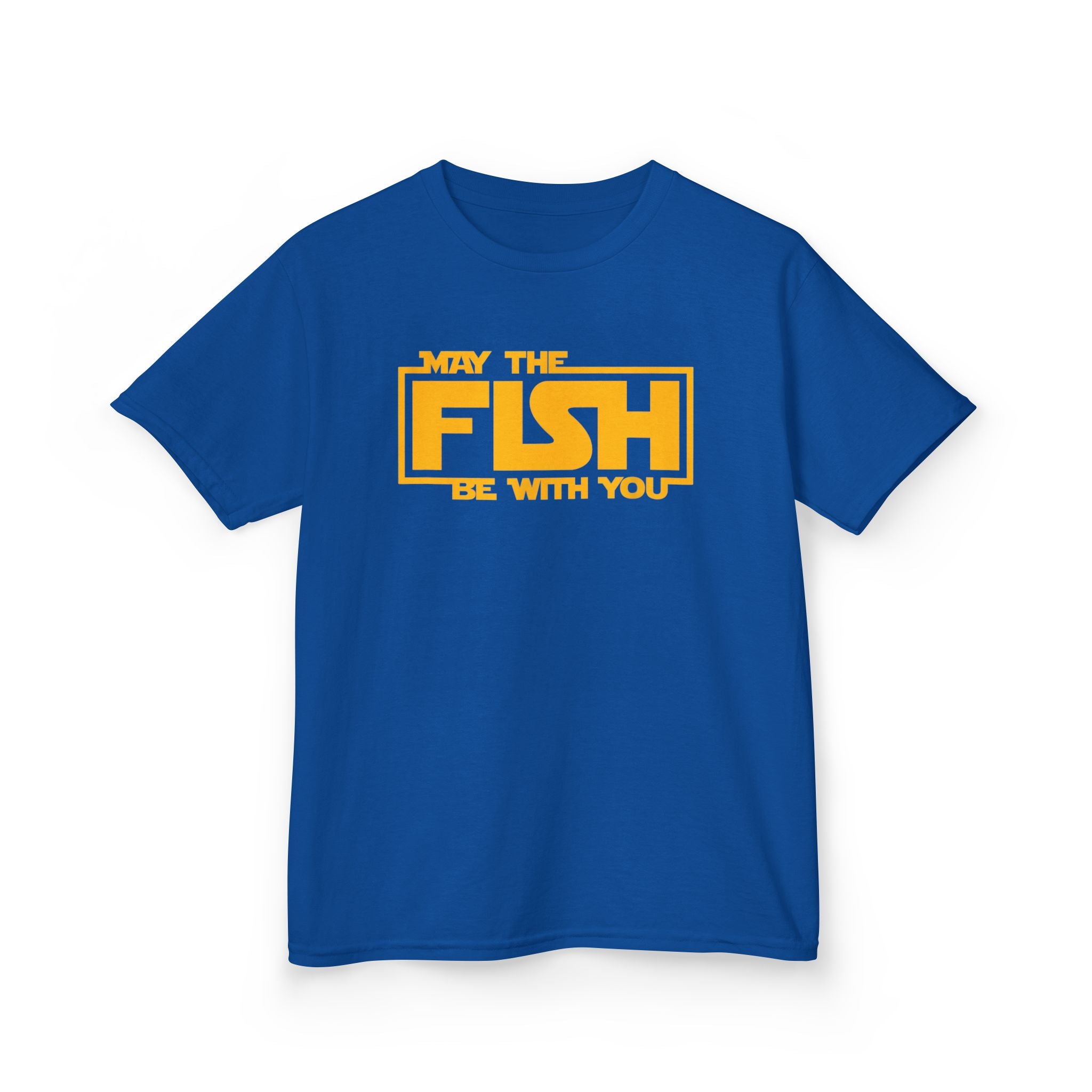 Royal blue youth fishing tee with May The Fish Be With You pun for kids