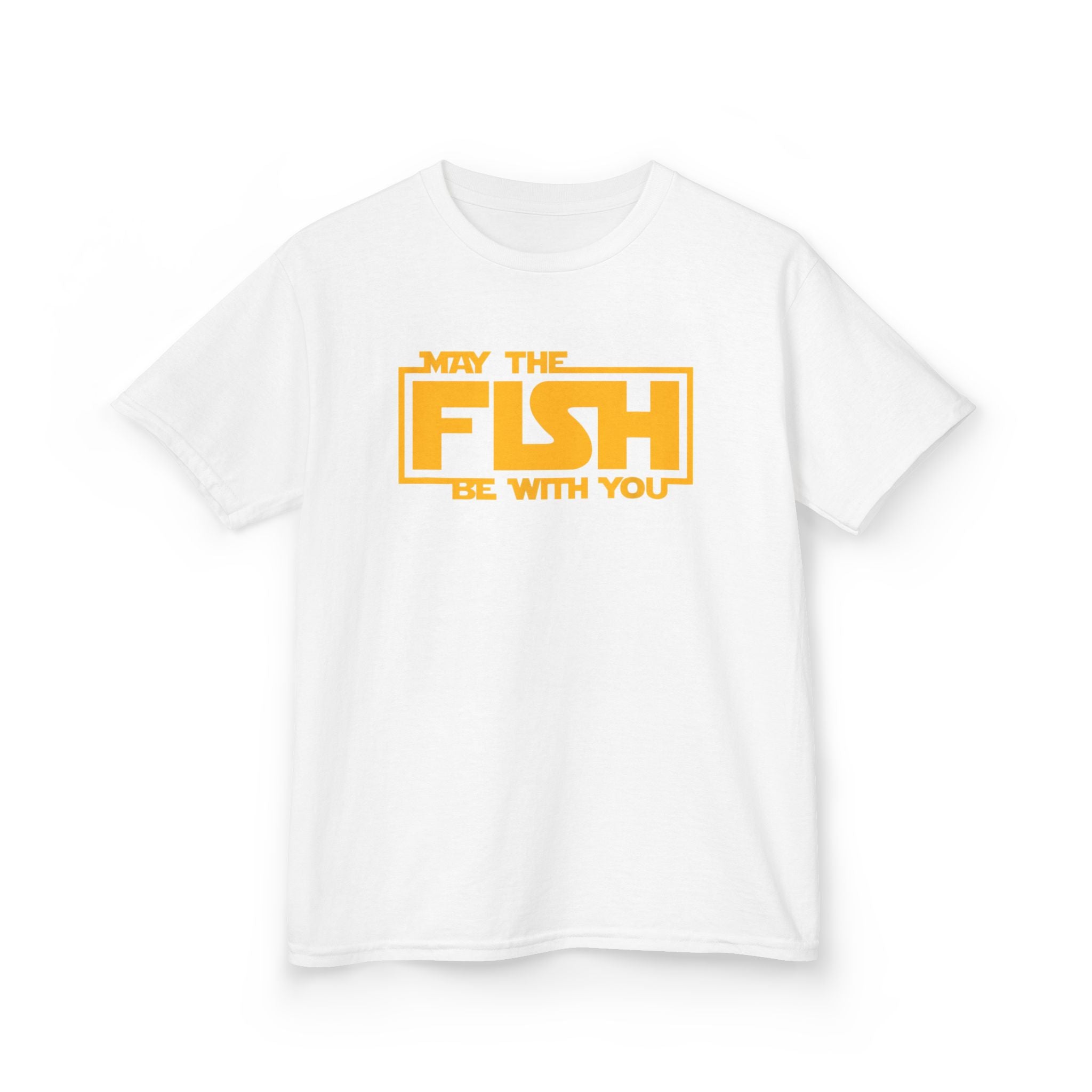 White fishing shirt for kids with funny May The Fish Be With You design