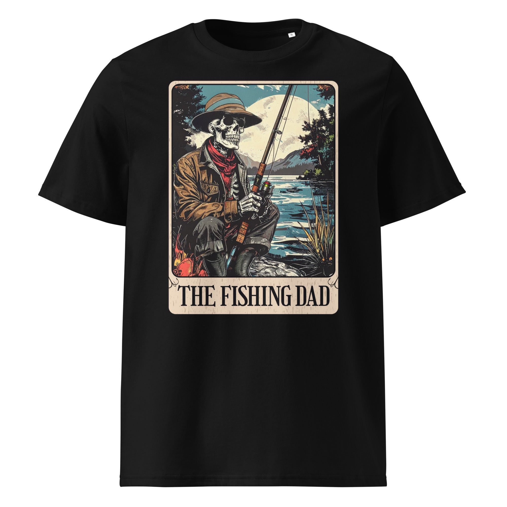 The Fishing Dad Tarot Card T-shirt in Black featuring a vintage skeleton fishing graphic