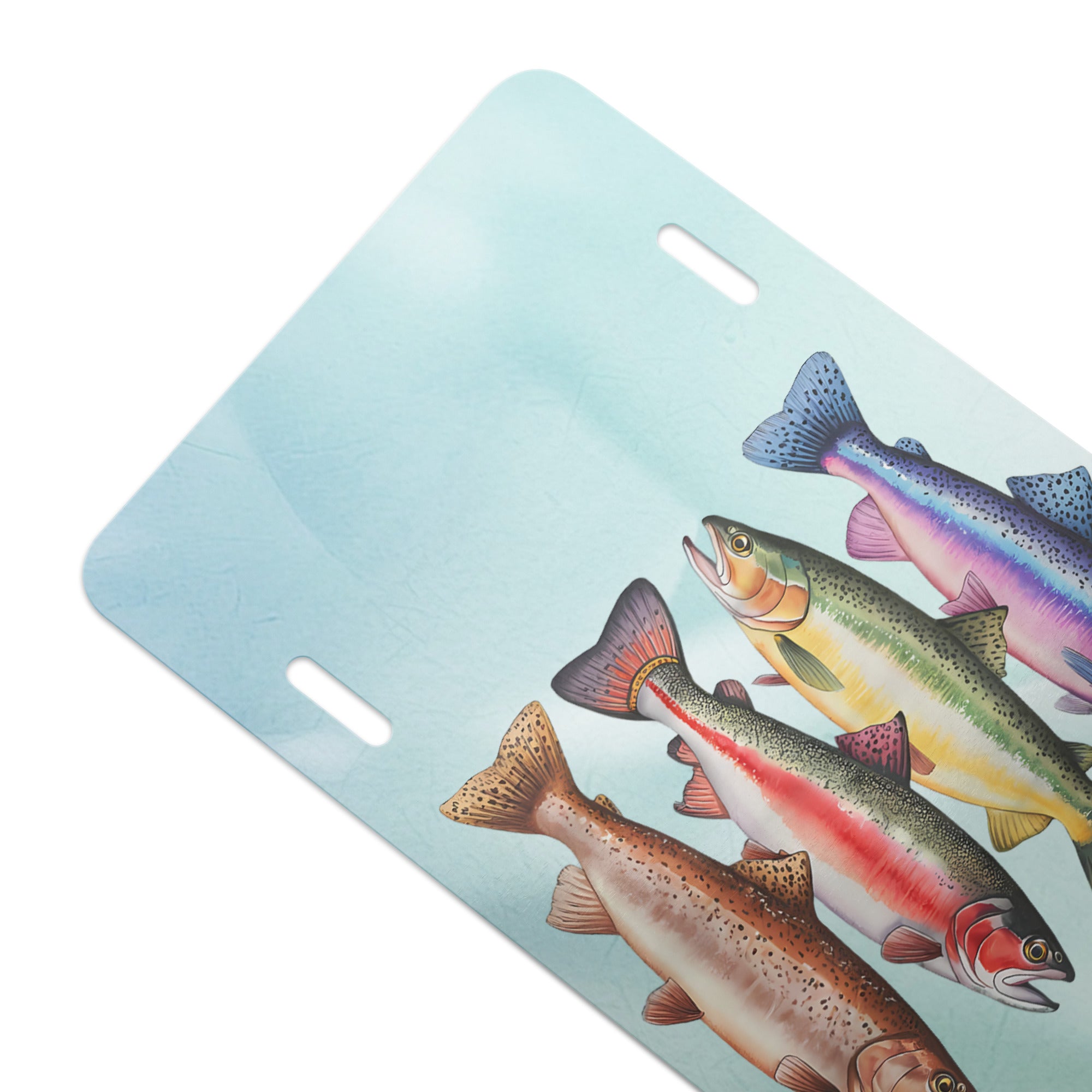 License plate with colorful trout slam design on a light blue soft background