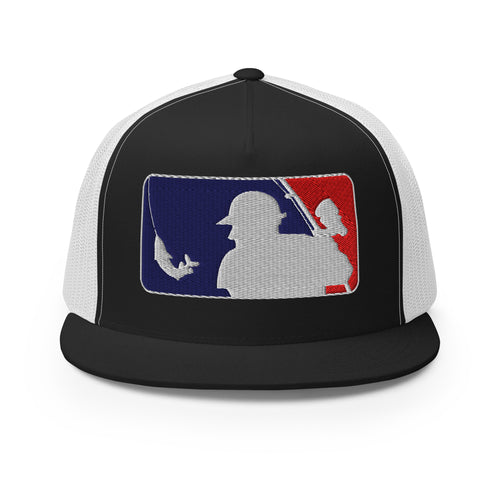 Baseball Fishing Trucker Hat in Black and White – classic 5-panel snapback cap for anglers and baseball fans.