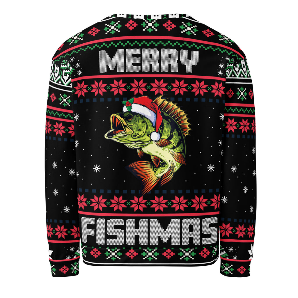 Merry Fishmas Ugly Christmas Sweatshirt Back – Bass Fishing Graphic Unisex Holiday Sweater