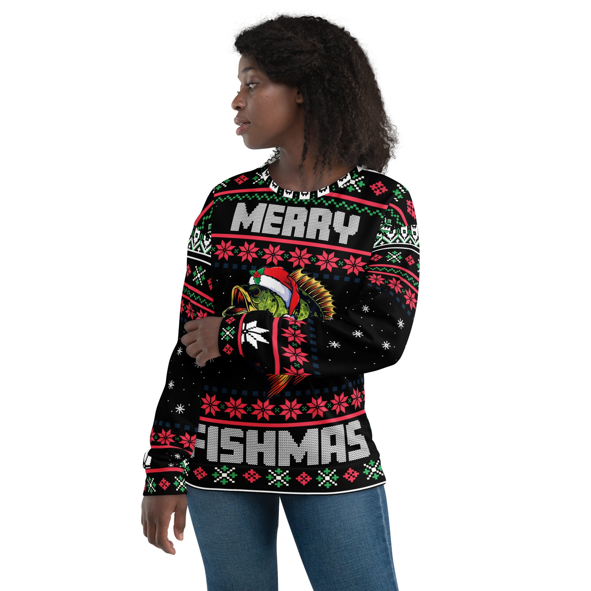 Woman Wearing Merry Fishmas Ugly Christmas Sweatshirt – Funny Fishing Holiday Gift