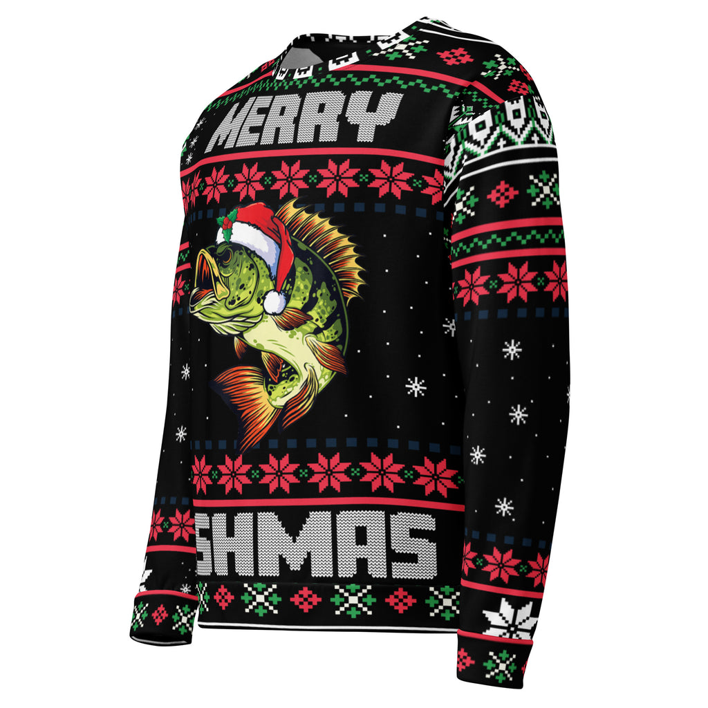 Merry Fishmas Sweatshirt Left Side View – Funny Fishing Holiday Unisex Sweatshirt