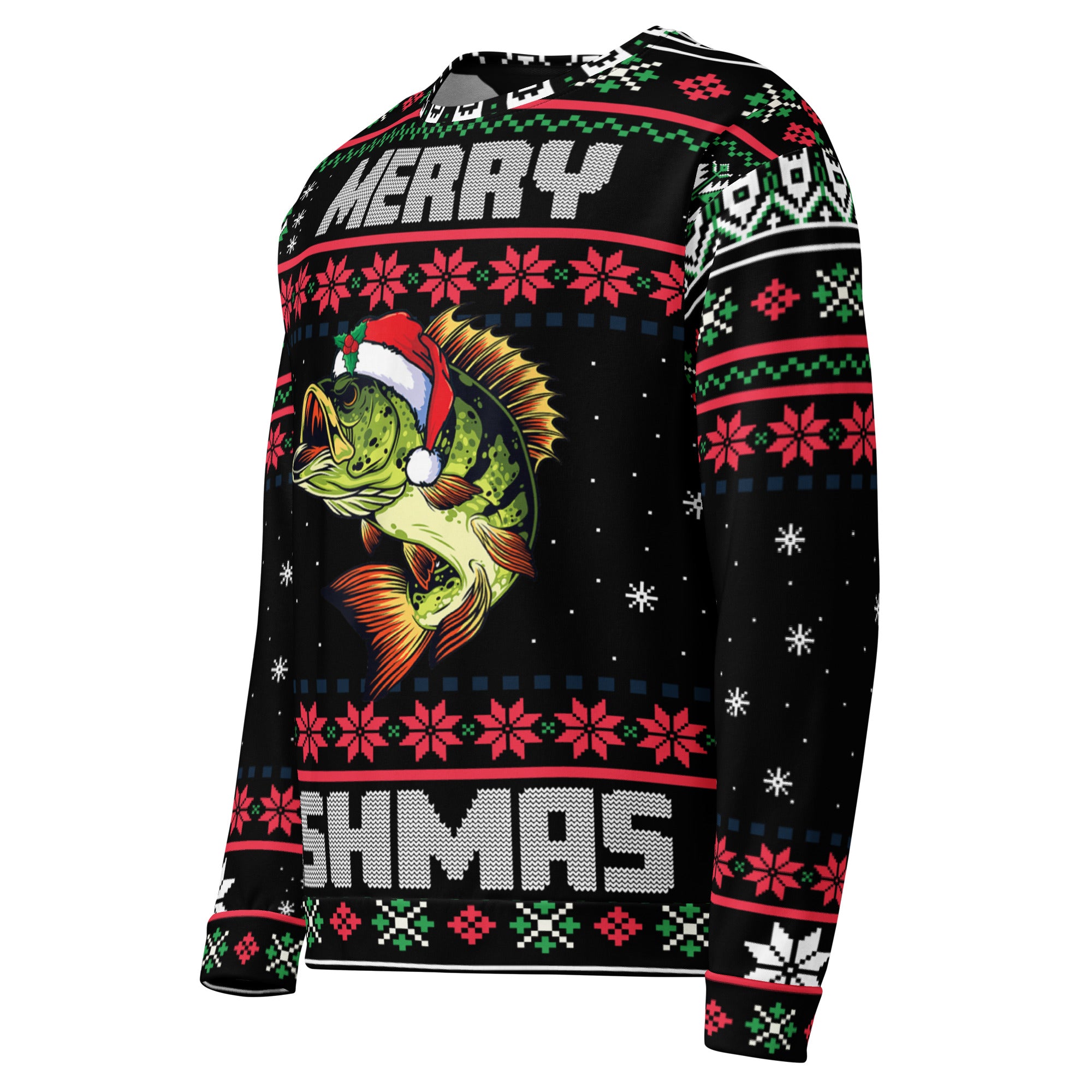 Merry Fishmas Sweatshirt Left Side View – Funny Fishing Holiday Unisex Sweatshirt
