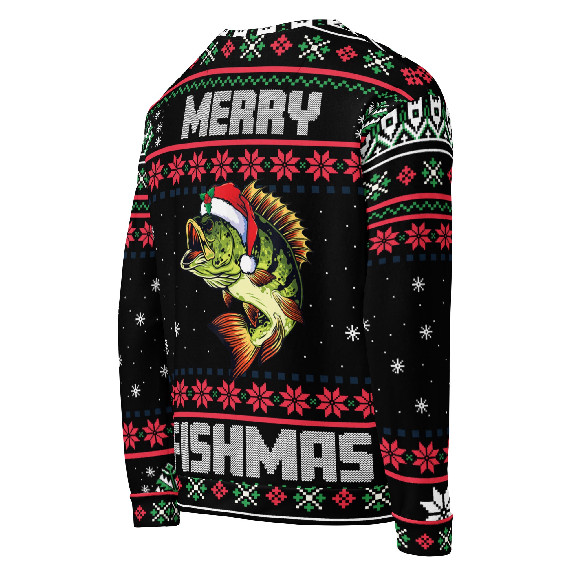 Merry Fishmas Sweatshirt Right Side View – Bass Fishing Ugly Christmas Sweatshirt