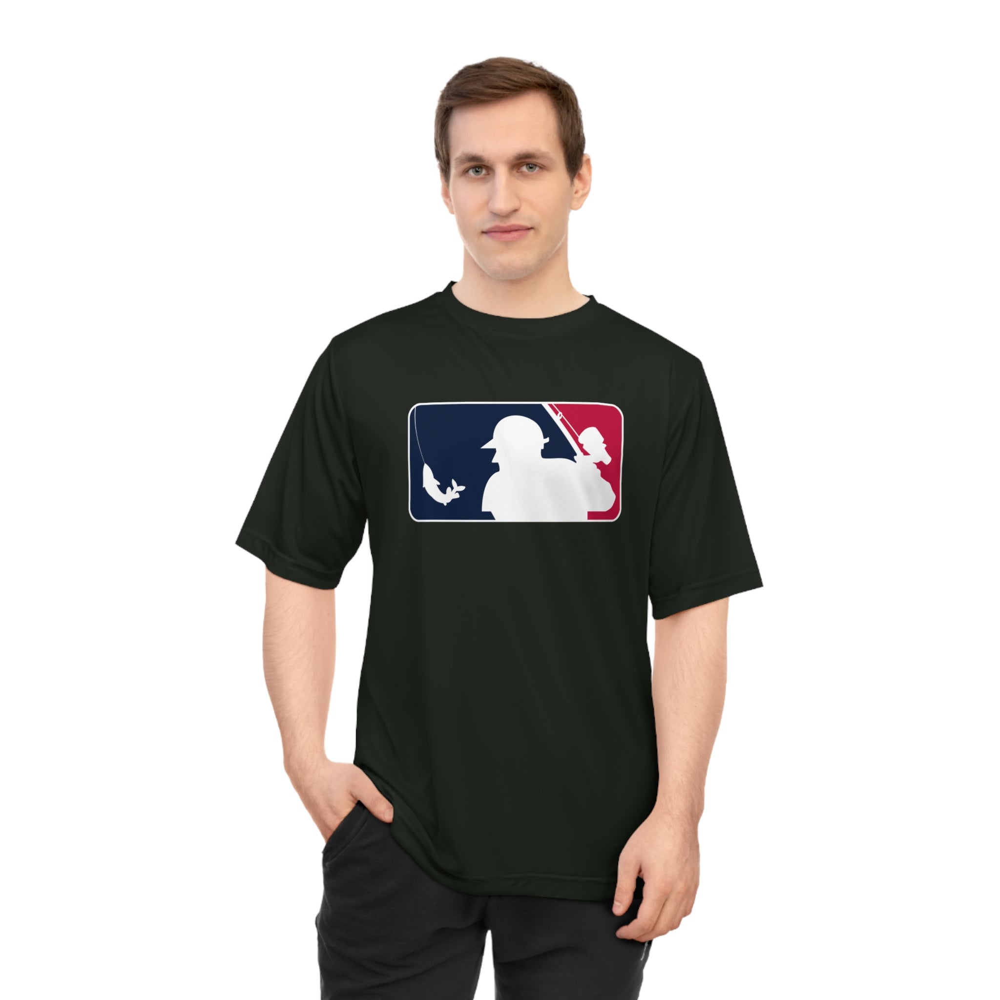 A man wearing a black short-sleeve performance t-shirt with baseball and fishing themed print
