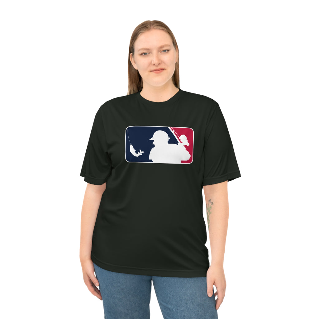 A woman wearing a black short-sleeve performance t-shirt with baseball Fishing graphic