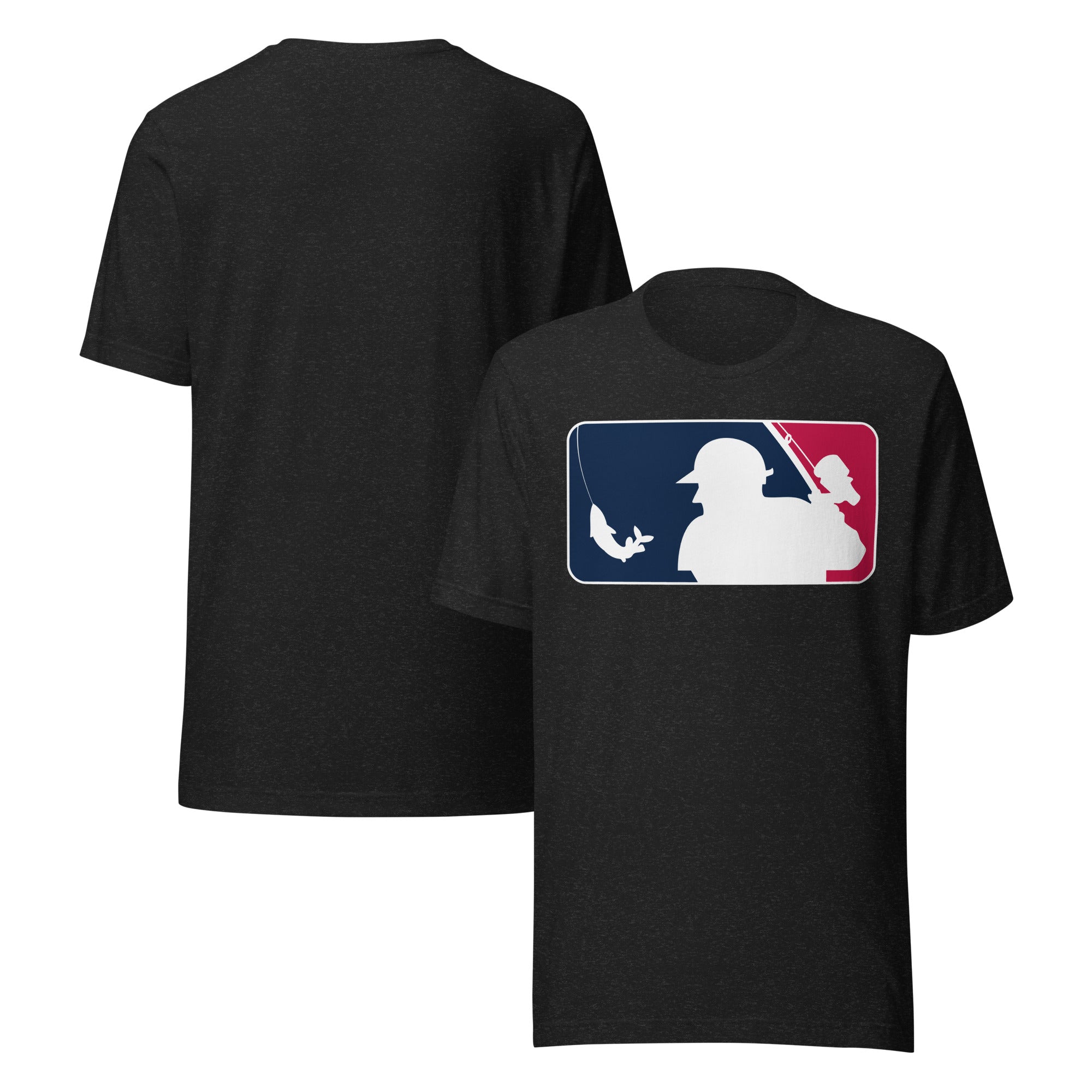 Black Heather baseball fishing Shirt with a vintage fish baseball logo