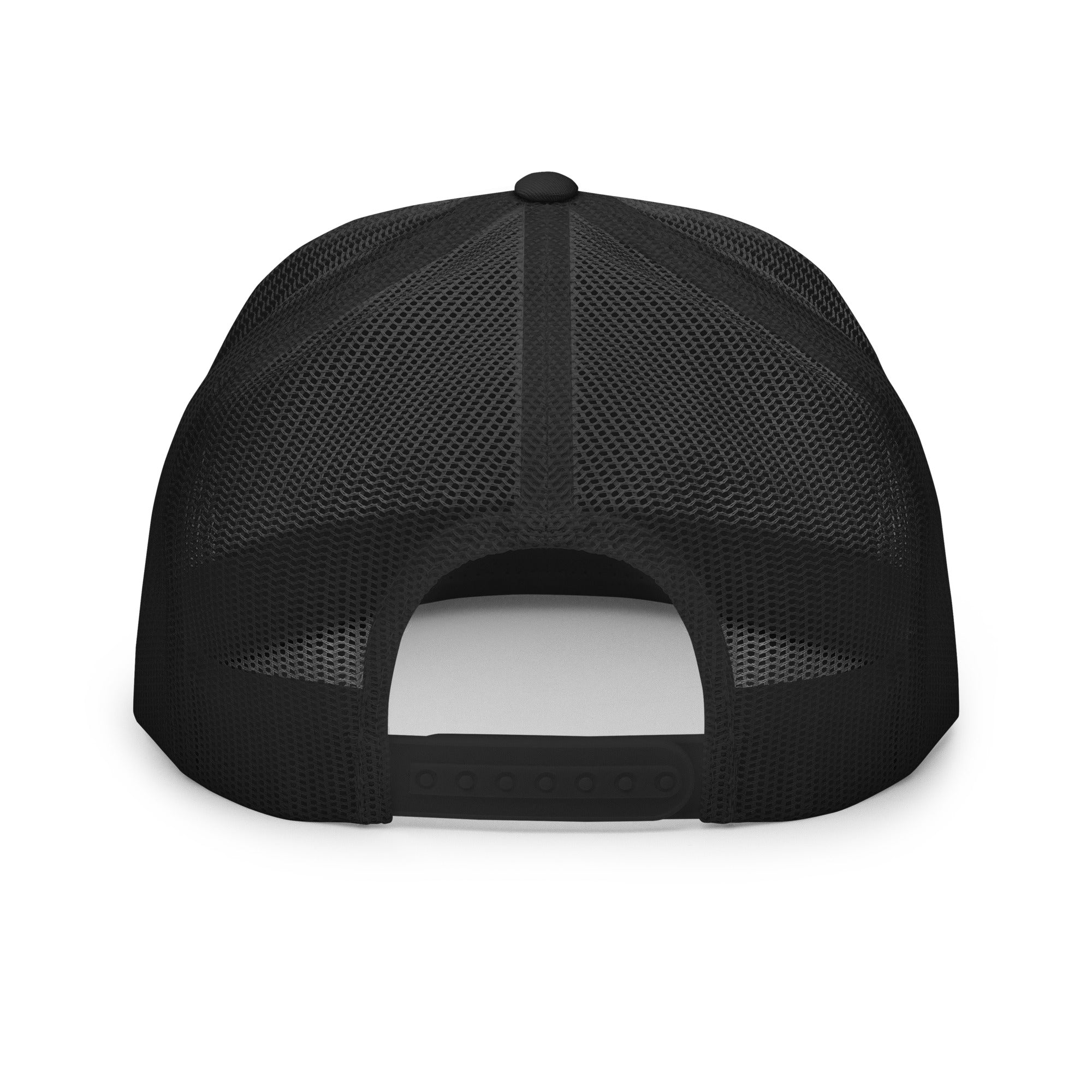 Back mesh panel of black baseball fishing snapback cap with adjustable closure