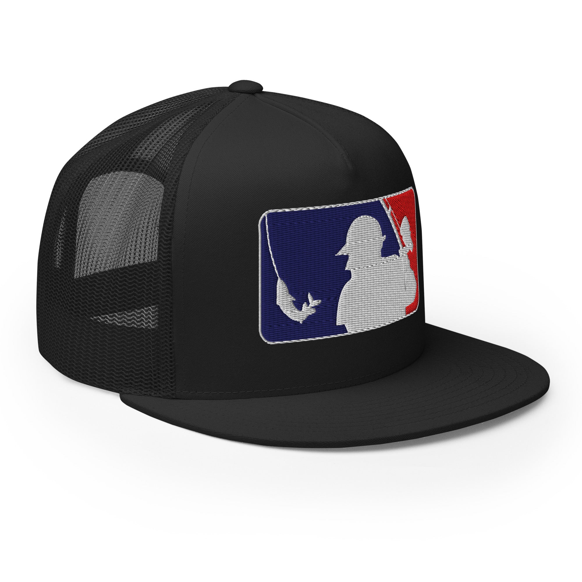 Side view of 5 panel baseball fishing trucker cap flat bill