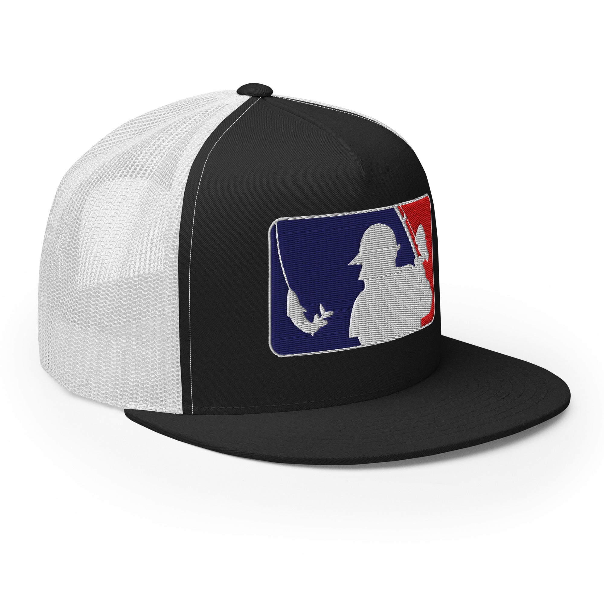 Side view of Black and white baseball fishing hat with mlb inspired fishing  embroidery