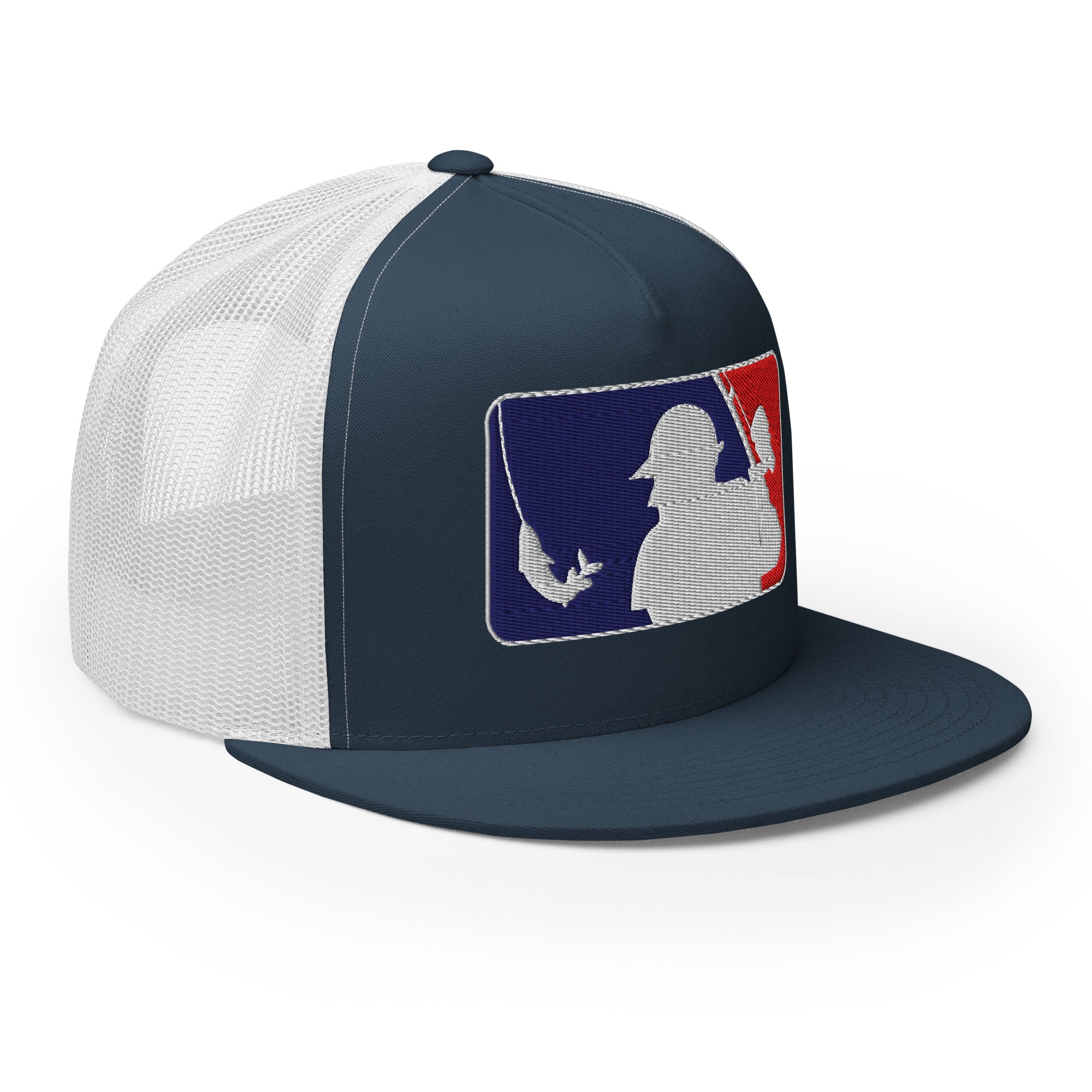 Side view navy white 5 panel baseball fishing trucker hat flat bill