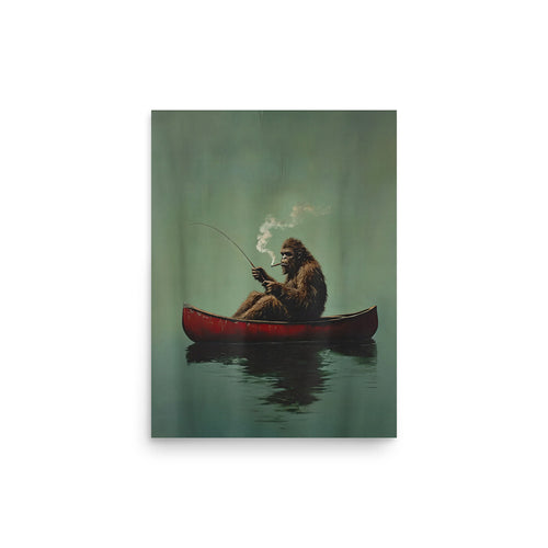 Vintage Poster of Bigfoot Fishing on a red canoe and smoking a cigarette