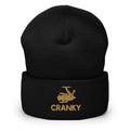 Black Cranky fishing reel beanie with a rustic distressed design – warm and stylish for fishing lovers.