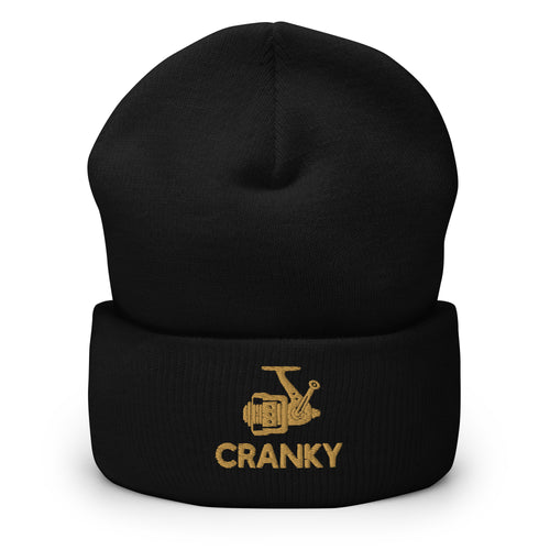 Black Cranky fishing reel beanie with a rustic distressed design – warm and stylish for fishing lovers.
